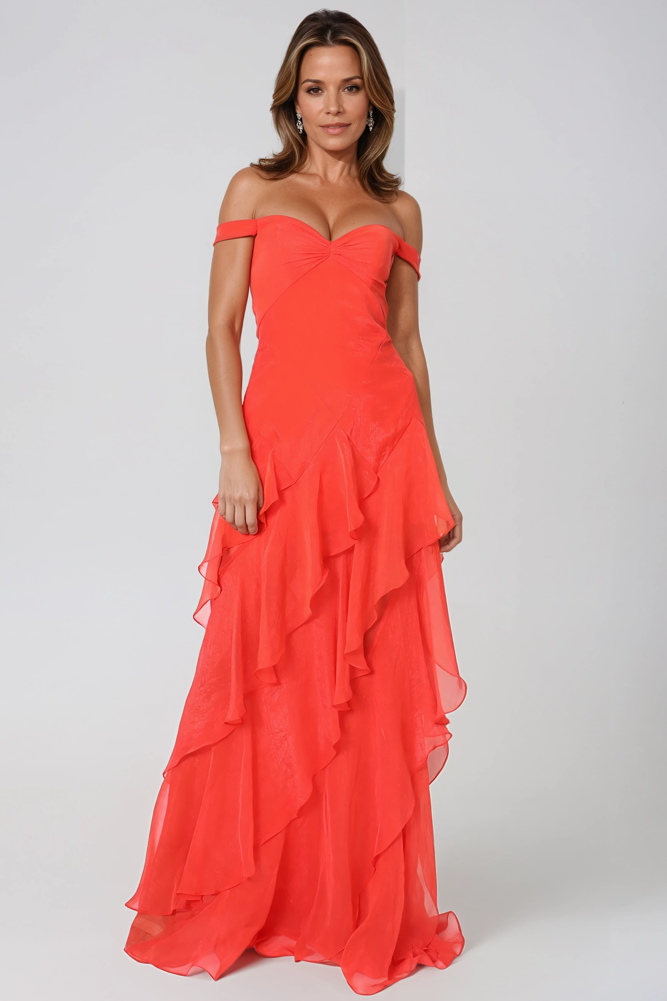 Off The Shoulder Tiered Chiffon Gown Gown Rene Ruiz Collection