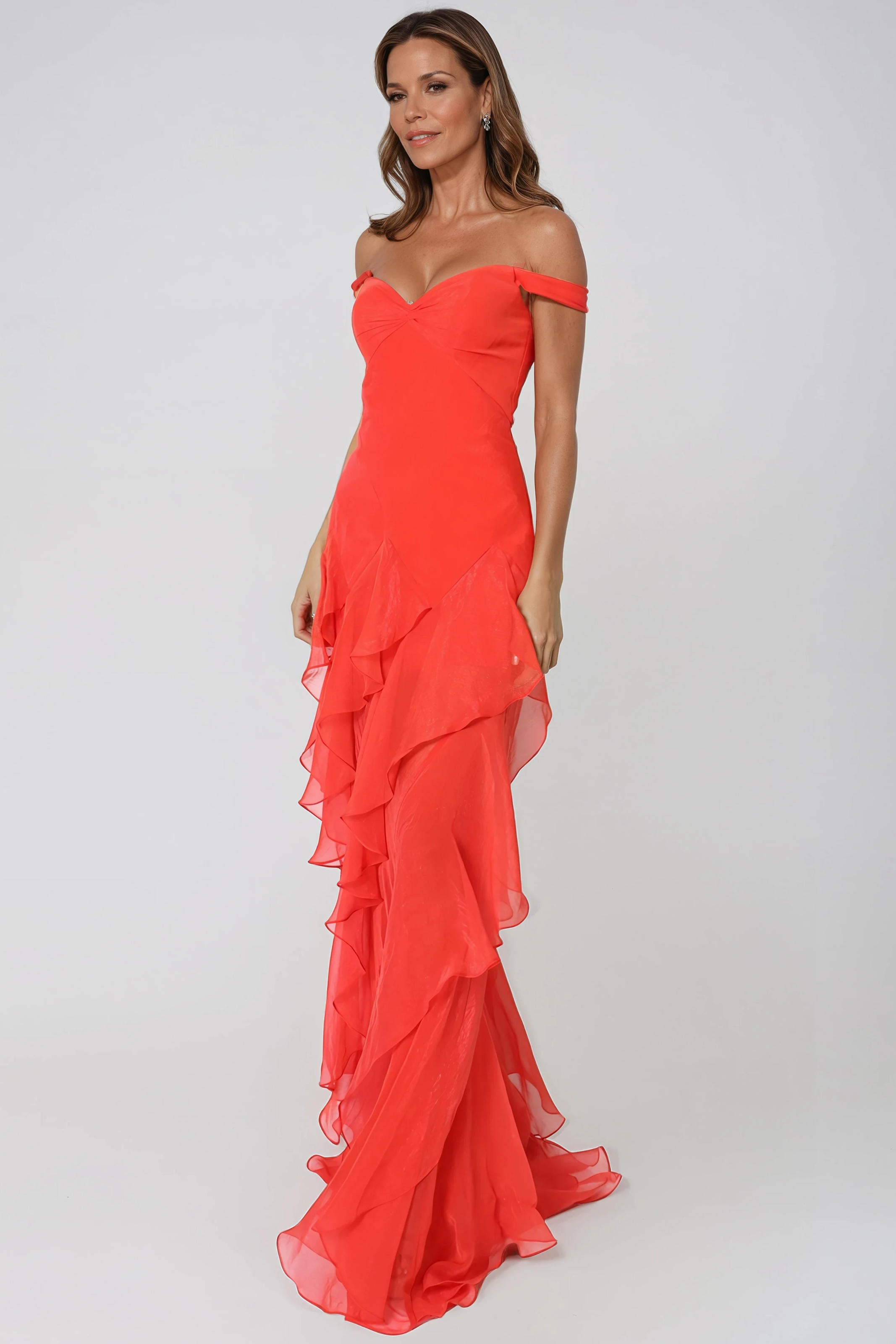 Off The Shoulder Tiered Chiffon Gown Gown Rene Ruiz Collection