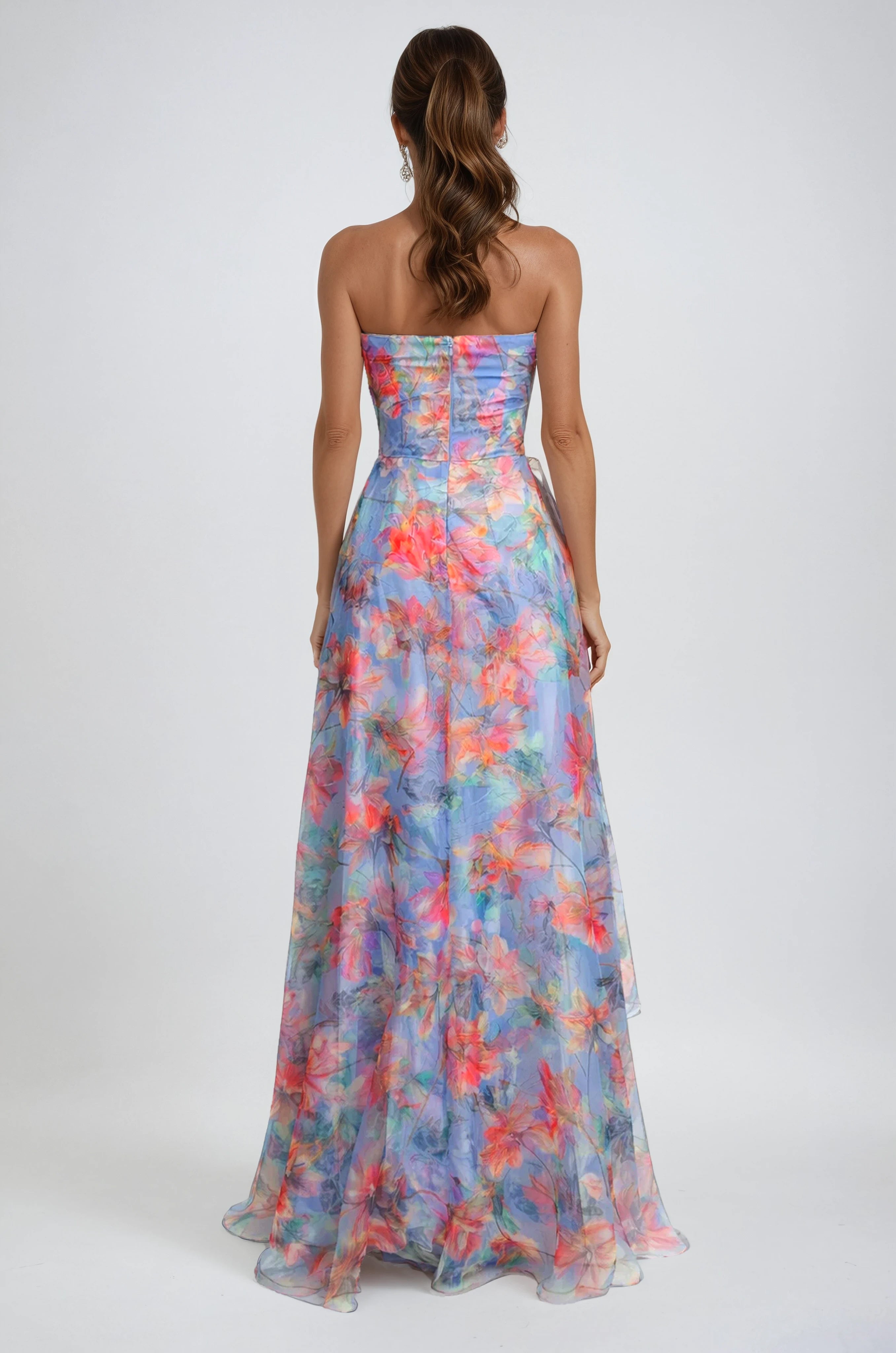 Strapless Floral Printed Organza A-Line Gown
