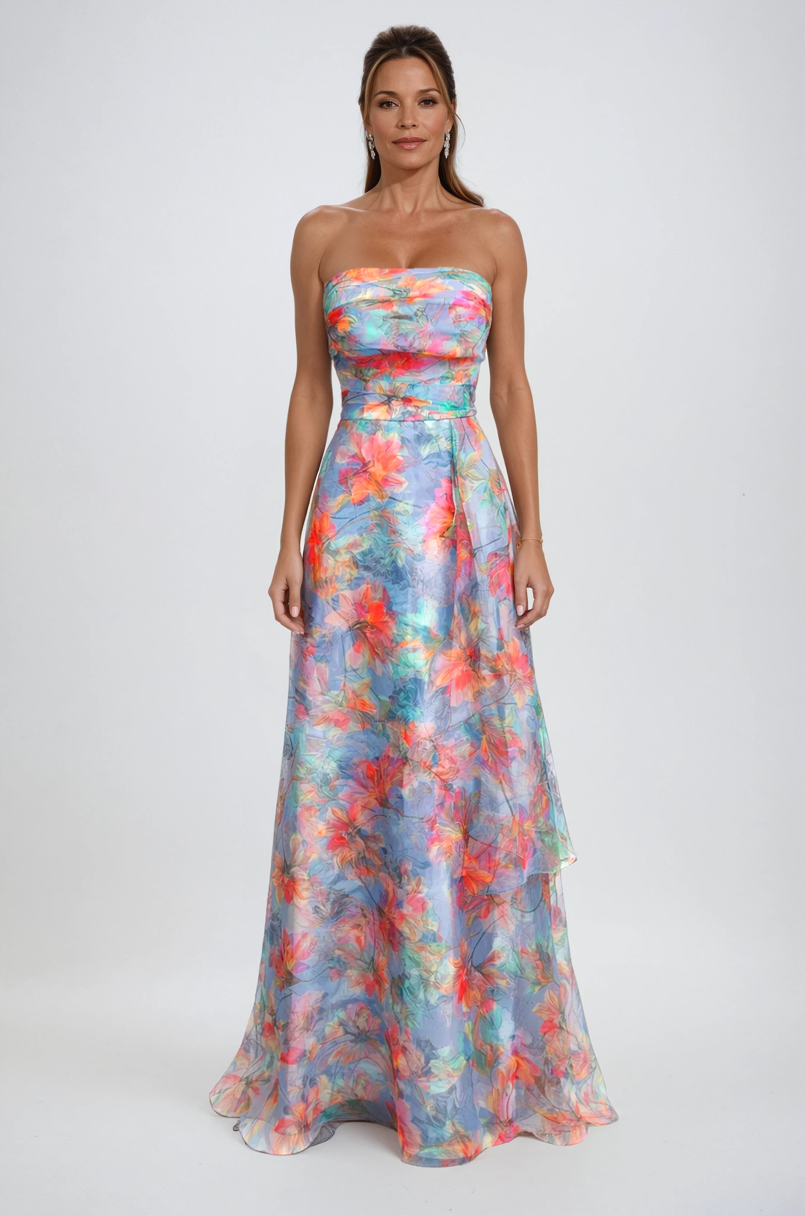 Strapless Floral Printed Organza A-Line Gown