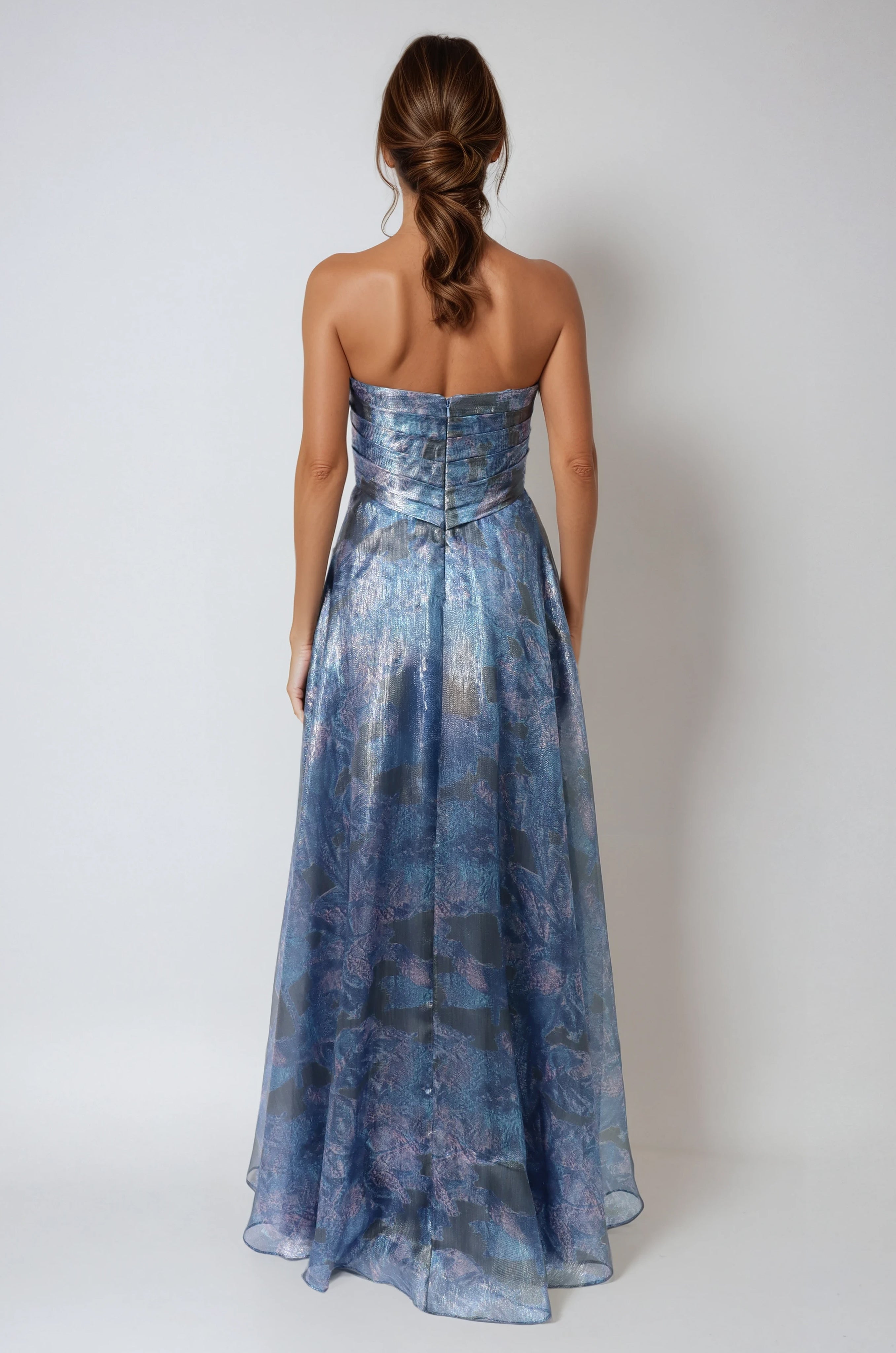 Strapless Metallic Printed Organza A-Line Gown