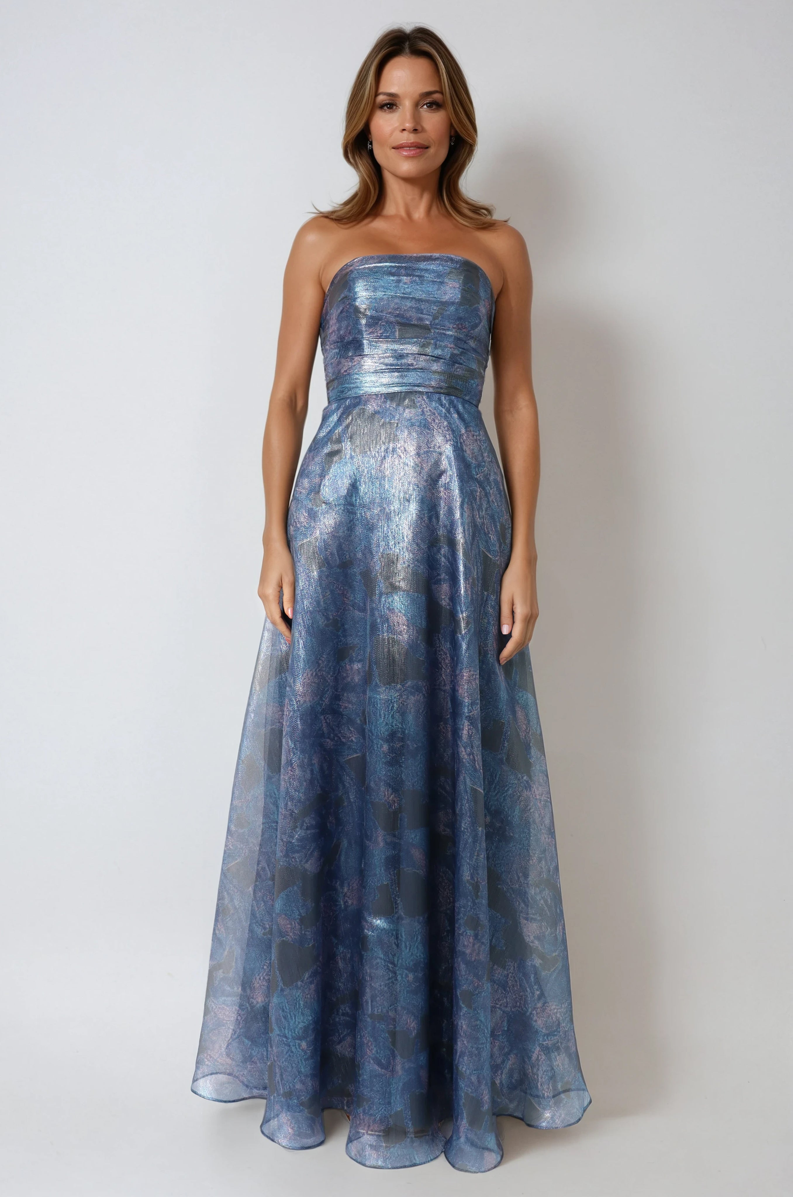 Strapless Metallic Printed Organza A-Line Gown