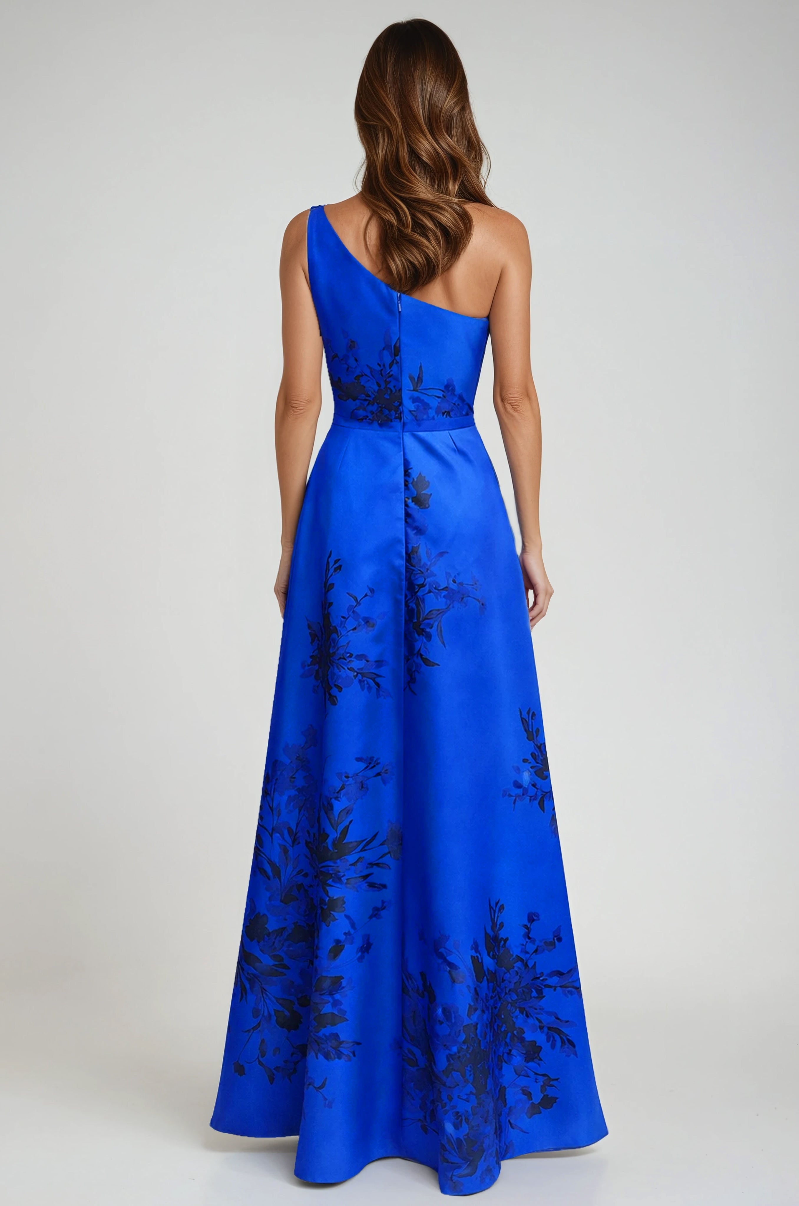 One Shoulder Floral Mikado A-Line Gown