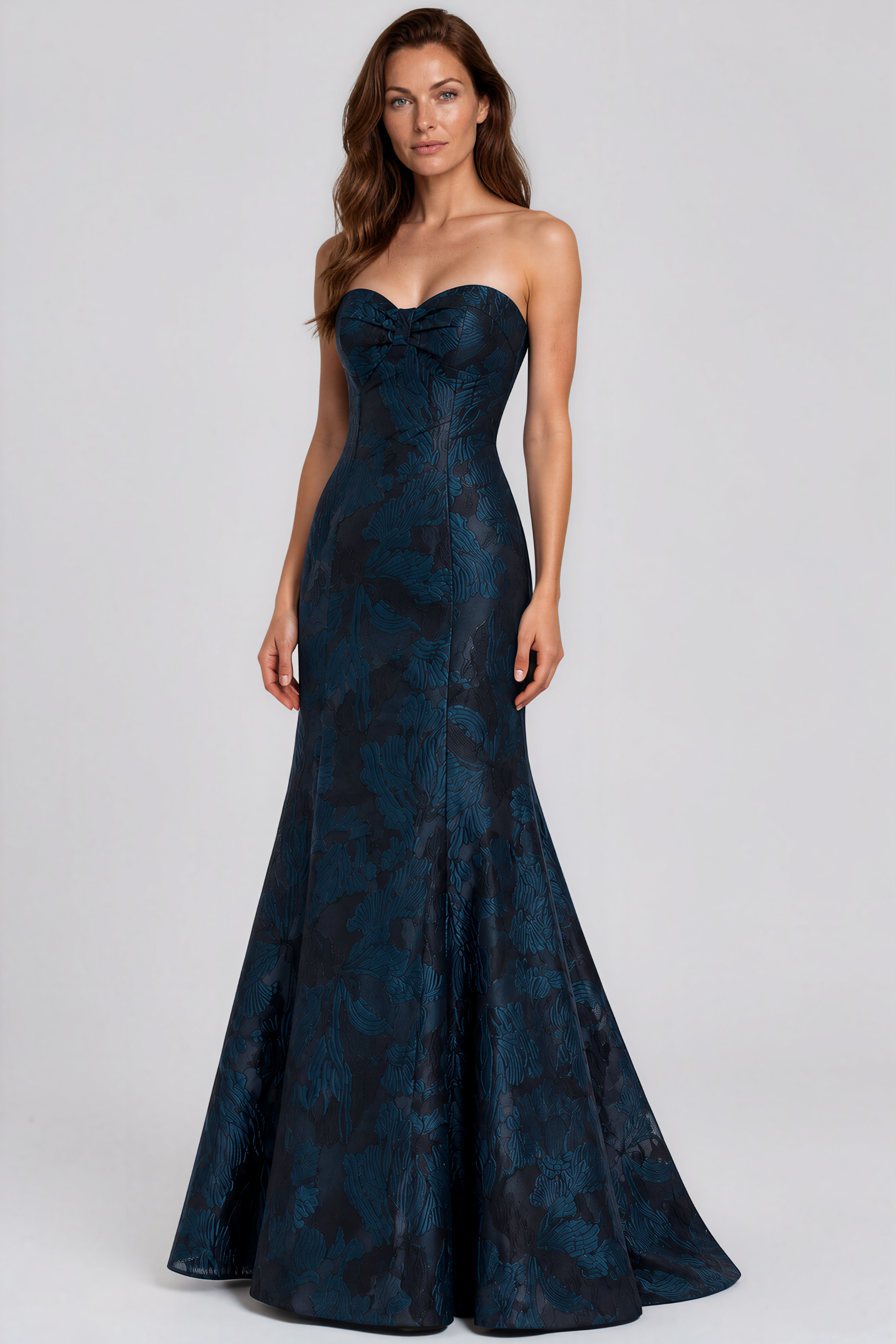 Strapless Sweetheart Floral Jacquard Fit And Flare Gown