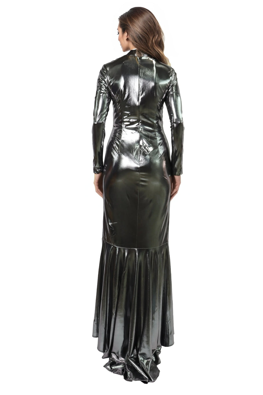 Long Sleeve Ruched Metallic Mermaid Gown