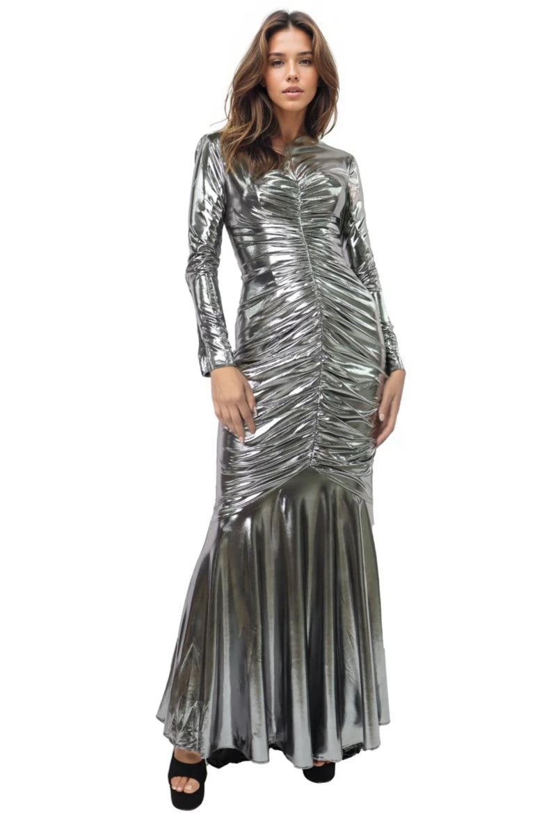 Long Sleeve Ruched Metallic Mermaid Gown