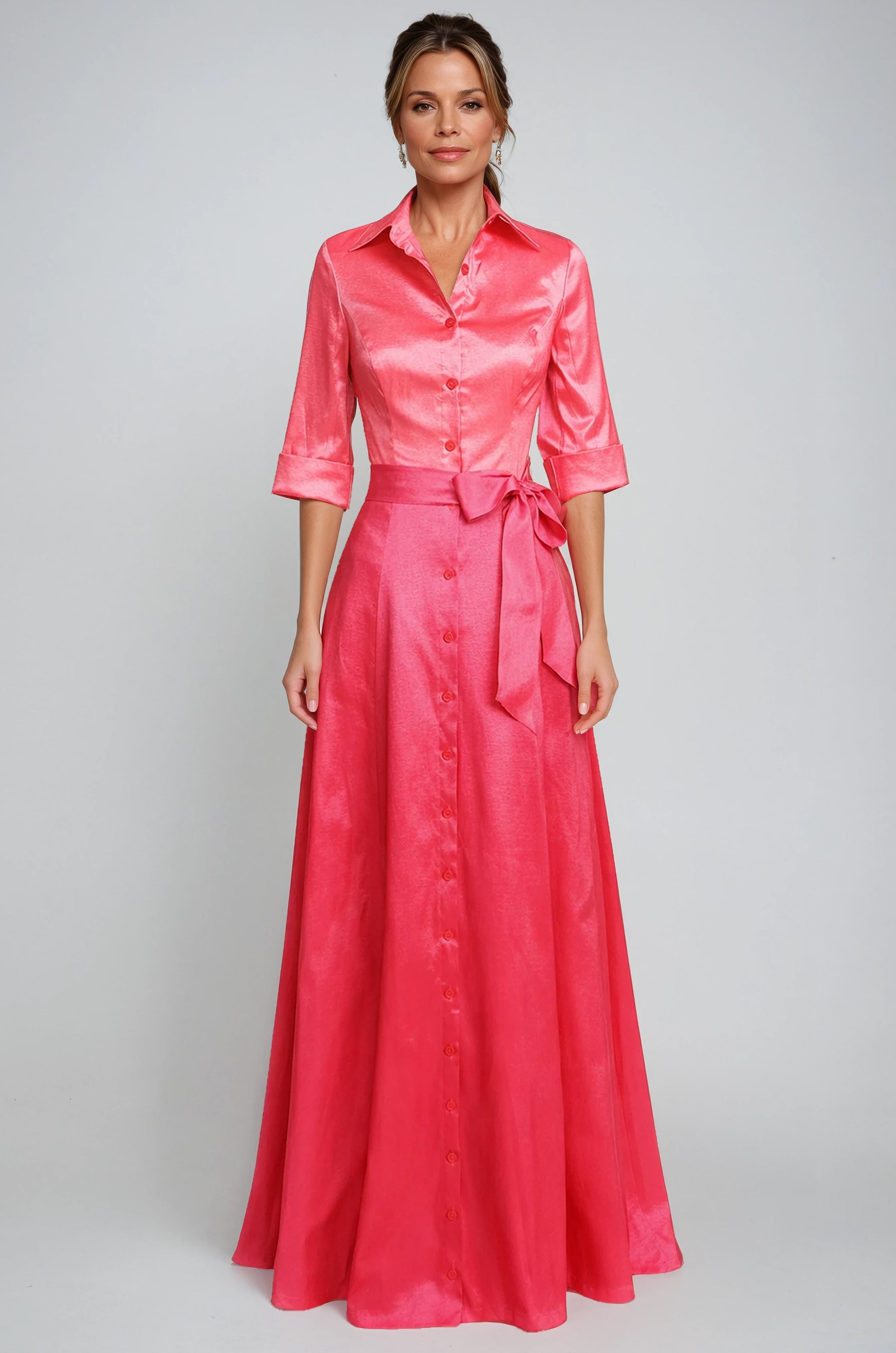 3/4 Sleeve Button Front Taffeta Shirt Gown Gown Rene Ruiz Collection