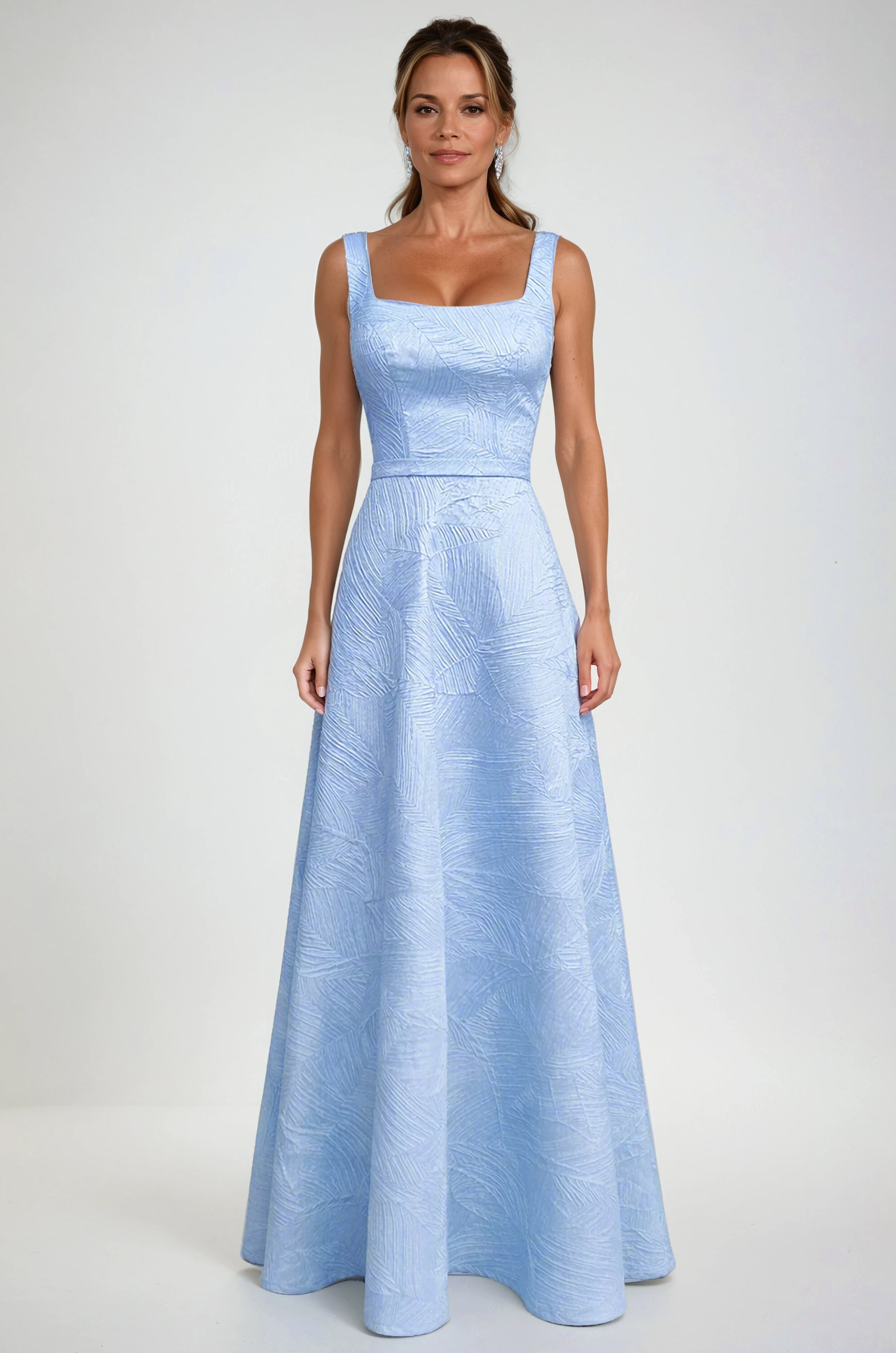 Square Neck Textured Jacquard A-Line Gown Gown Rene Ruiz Collection