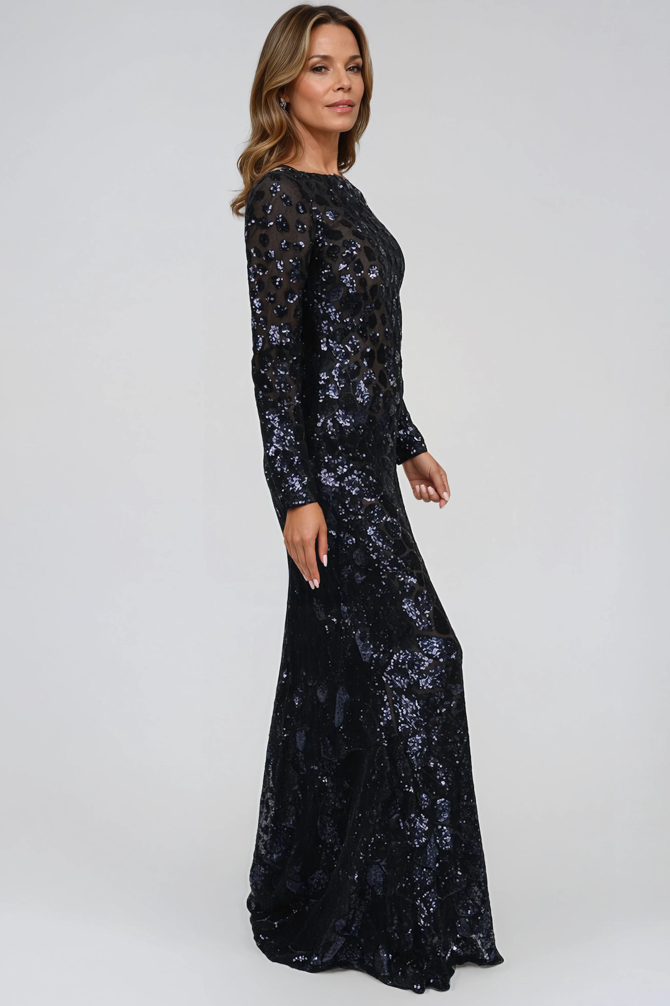 Long Sleeve Sequin Embellished Pattern Sheath Gown Gown Rene Ruiz Collection