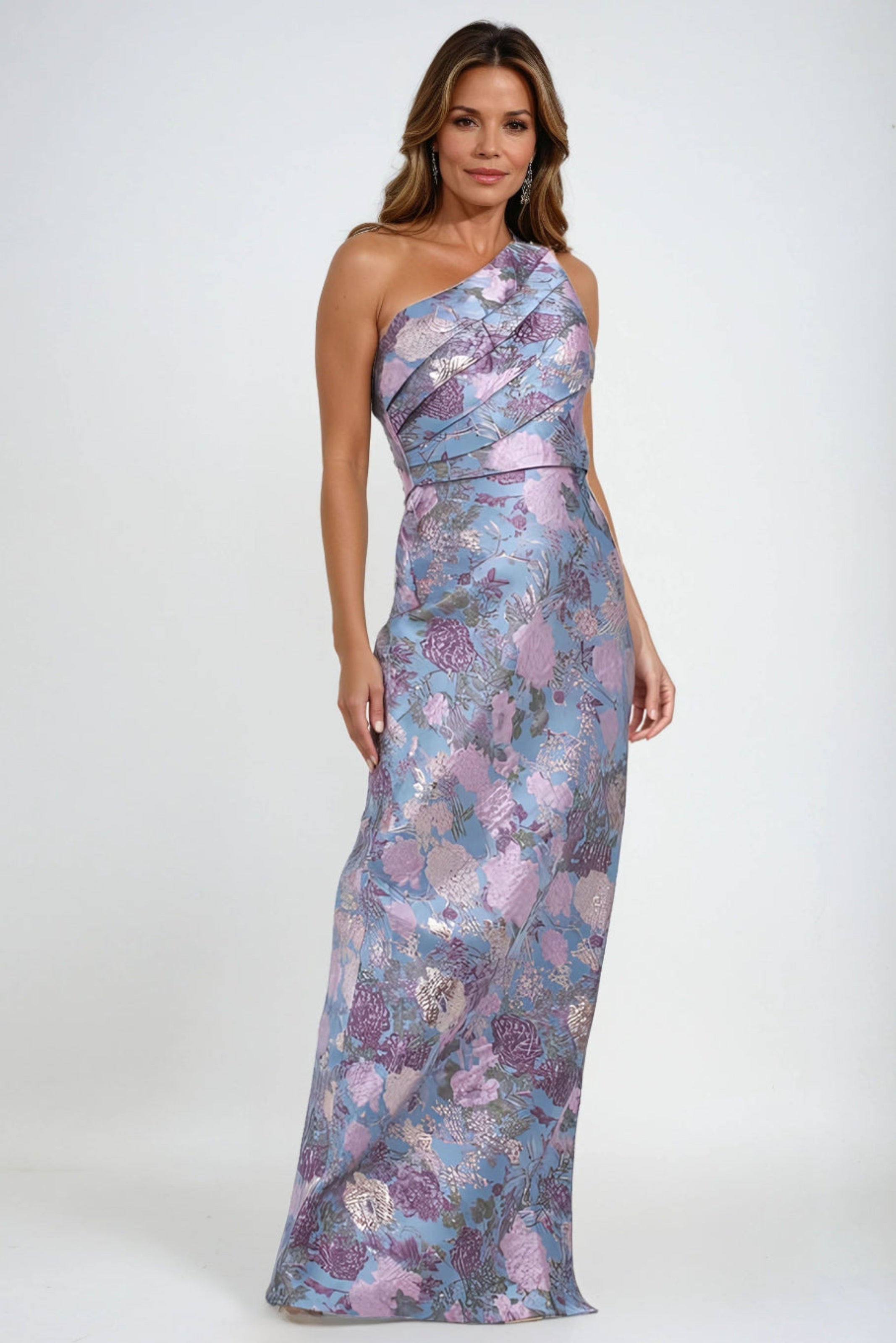 One Shoulder Pleated Brocade Column Gown Gown Rene Ruiz Collection