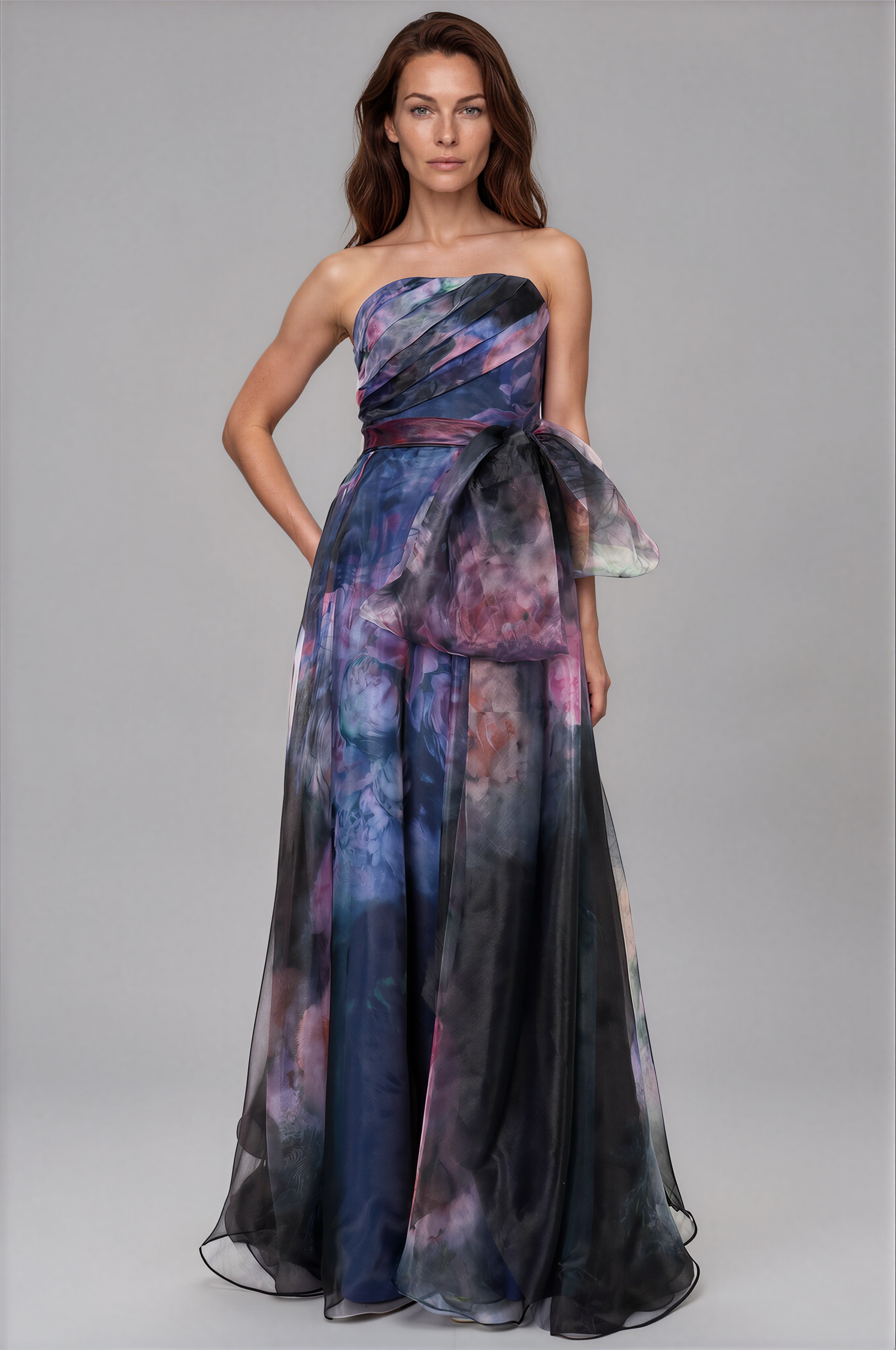 Strapless Organza Gown With Belt Gown Rene Ruiz Collection