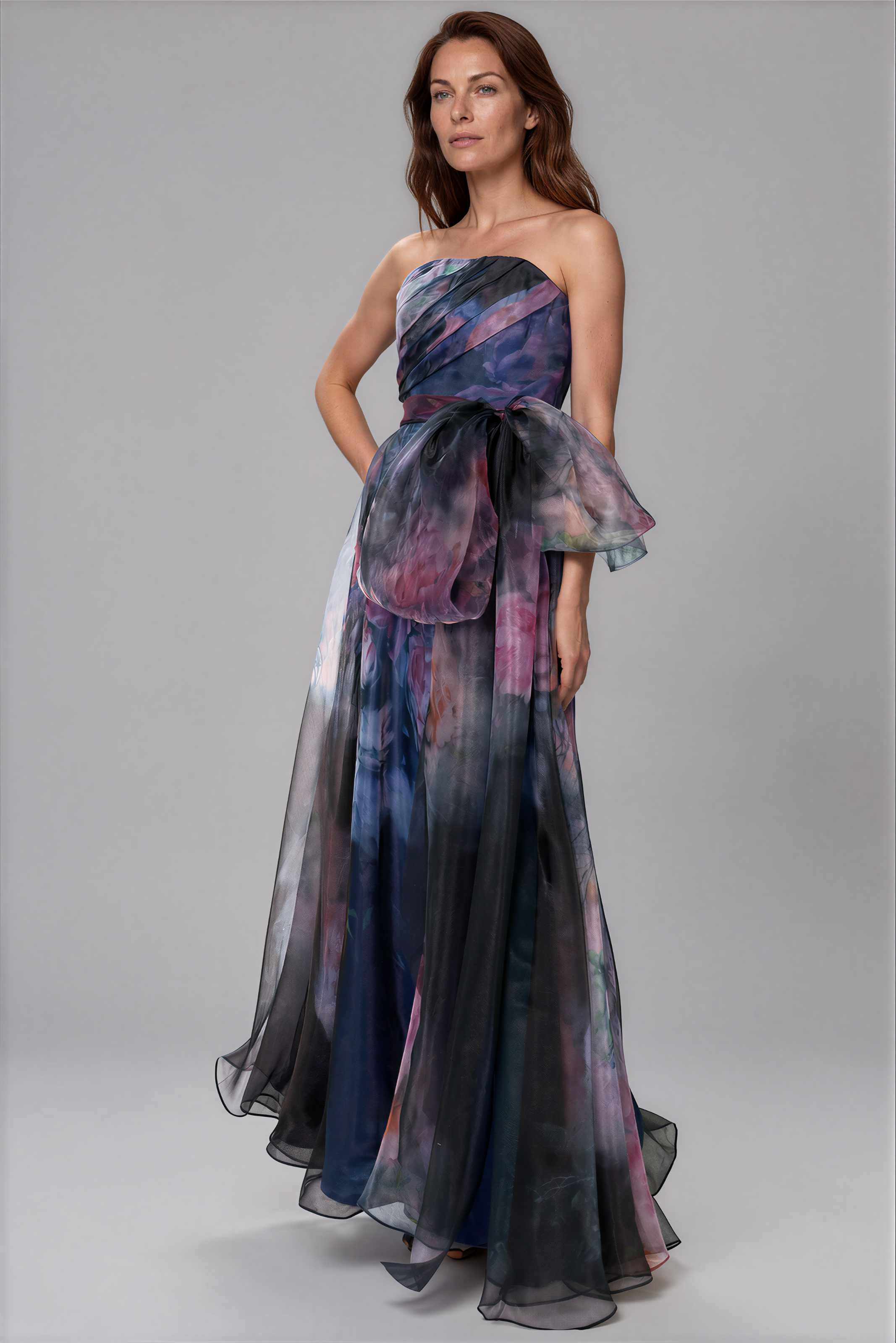 Strapless Organza Gown With Belt Gown Rene Ruiz Collection