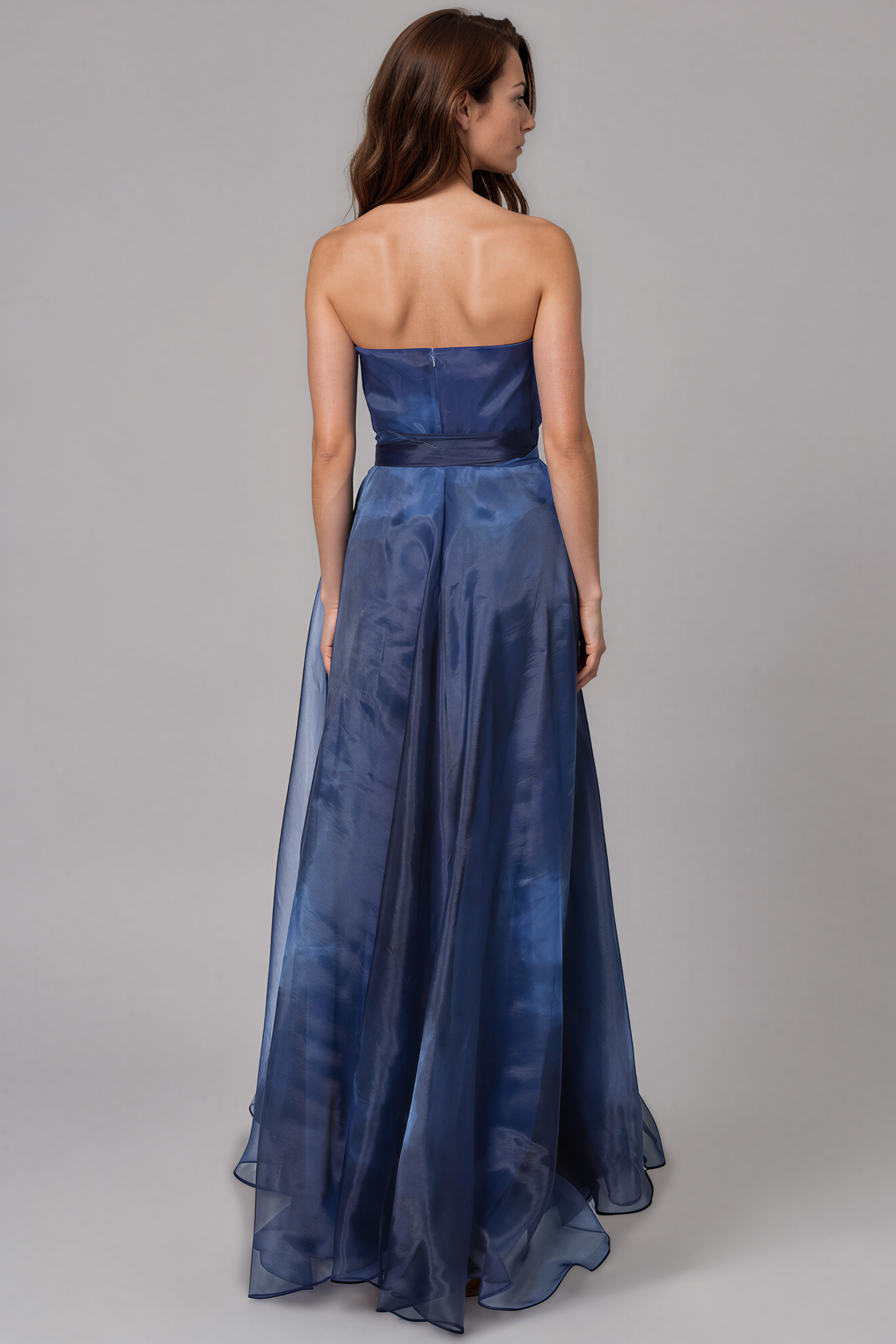 Strapless Organza Gown With Belt Gown Rene Ruiz Collection