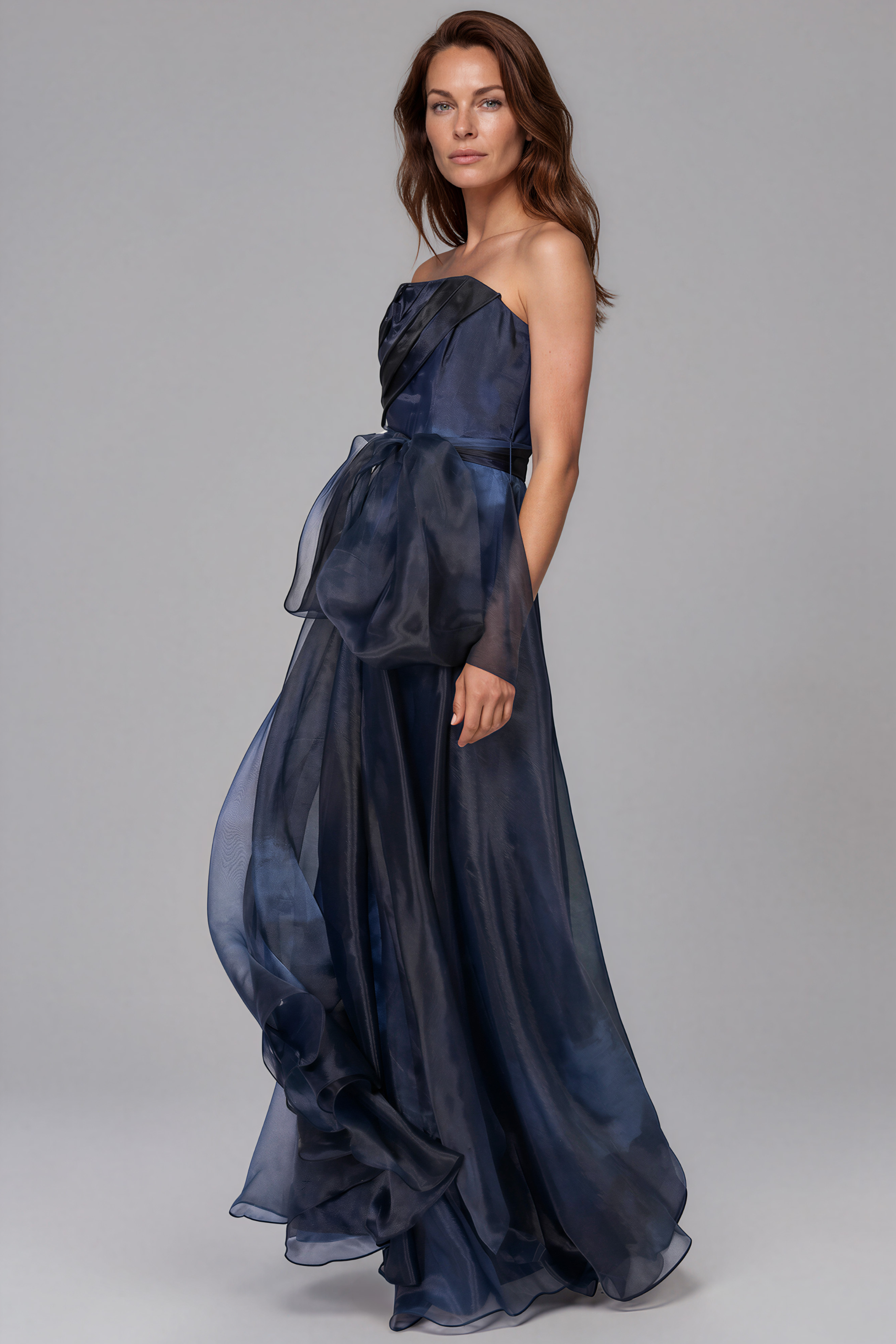 Strapless Organza Gown With Belt Gown Rene Ruiz Collection