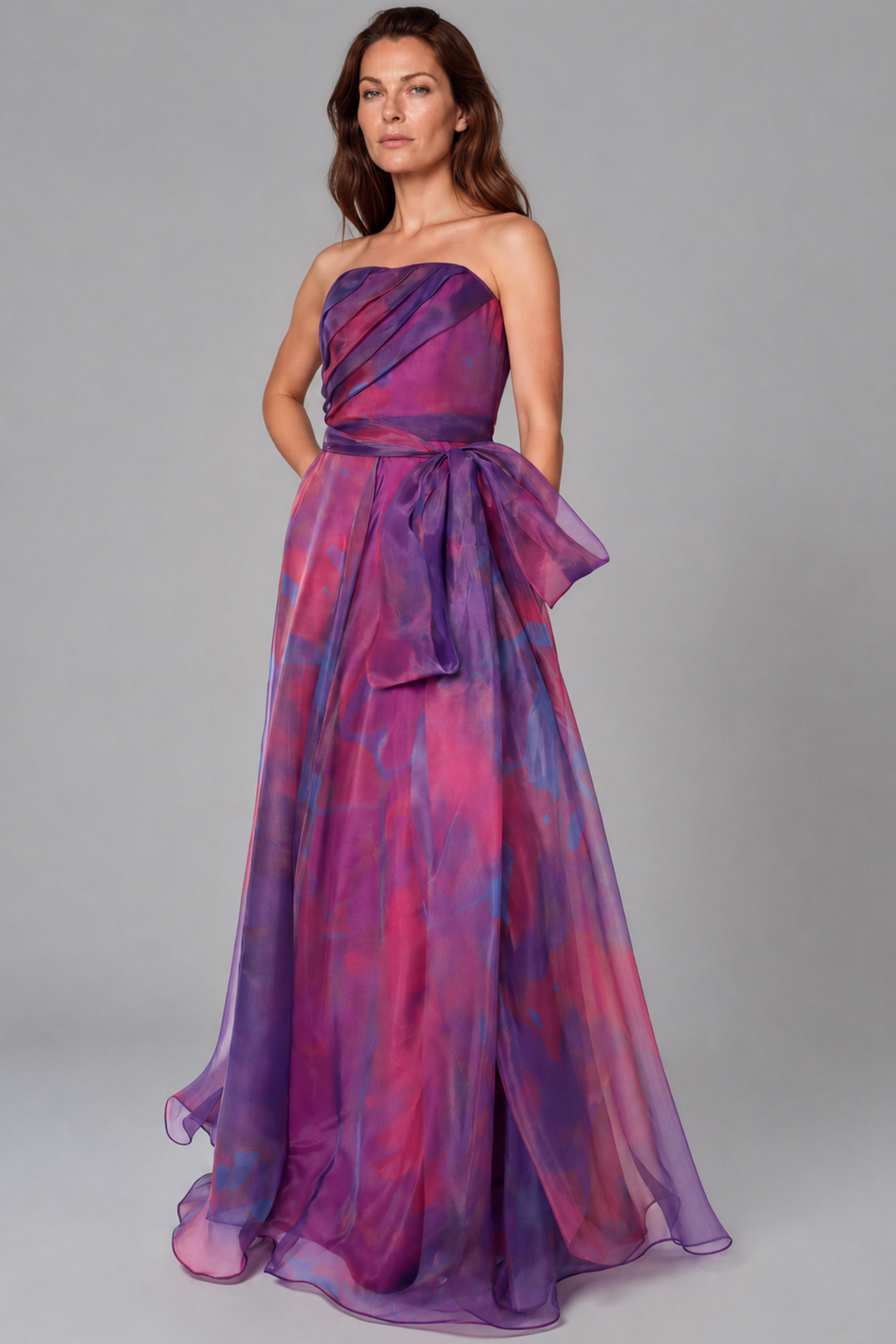 Strapless Organza Gown with Belt Gown Rene Ruiz Collection