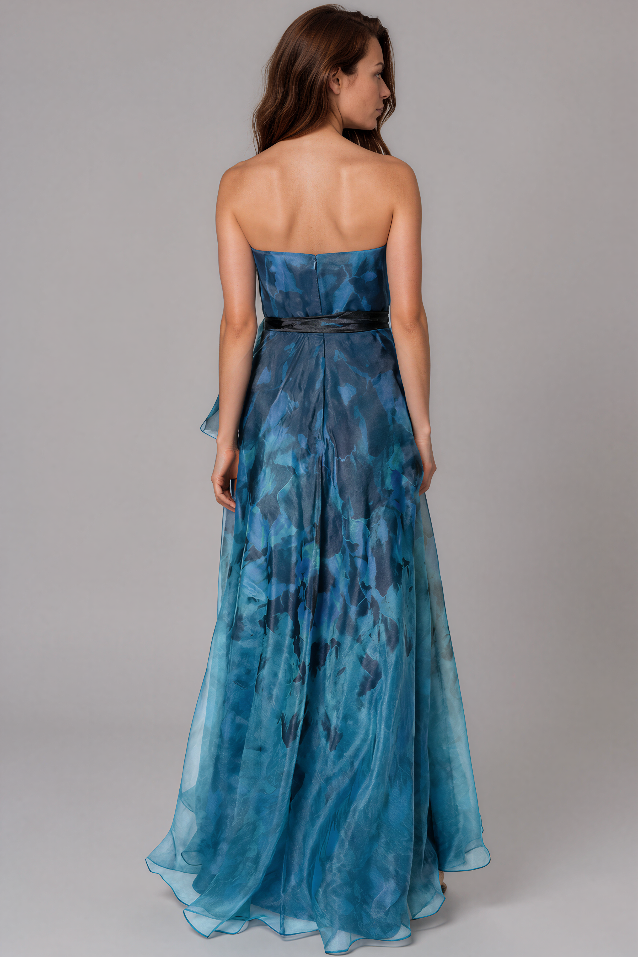 Strapless Organza Gown with Belt Gown Rene Ruiz Collection
