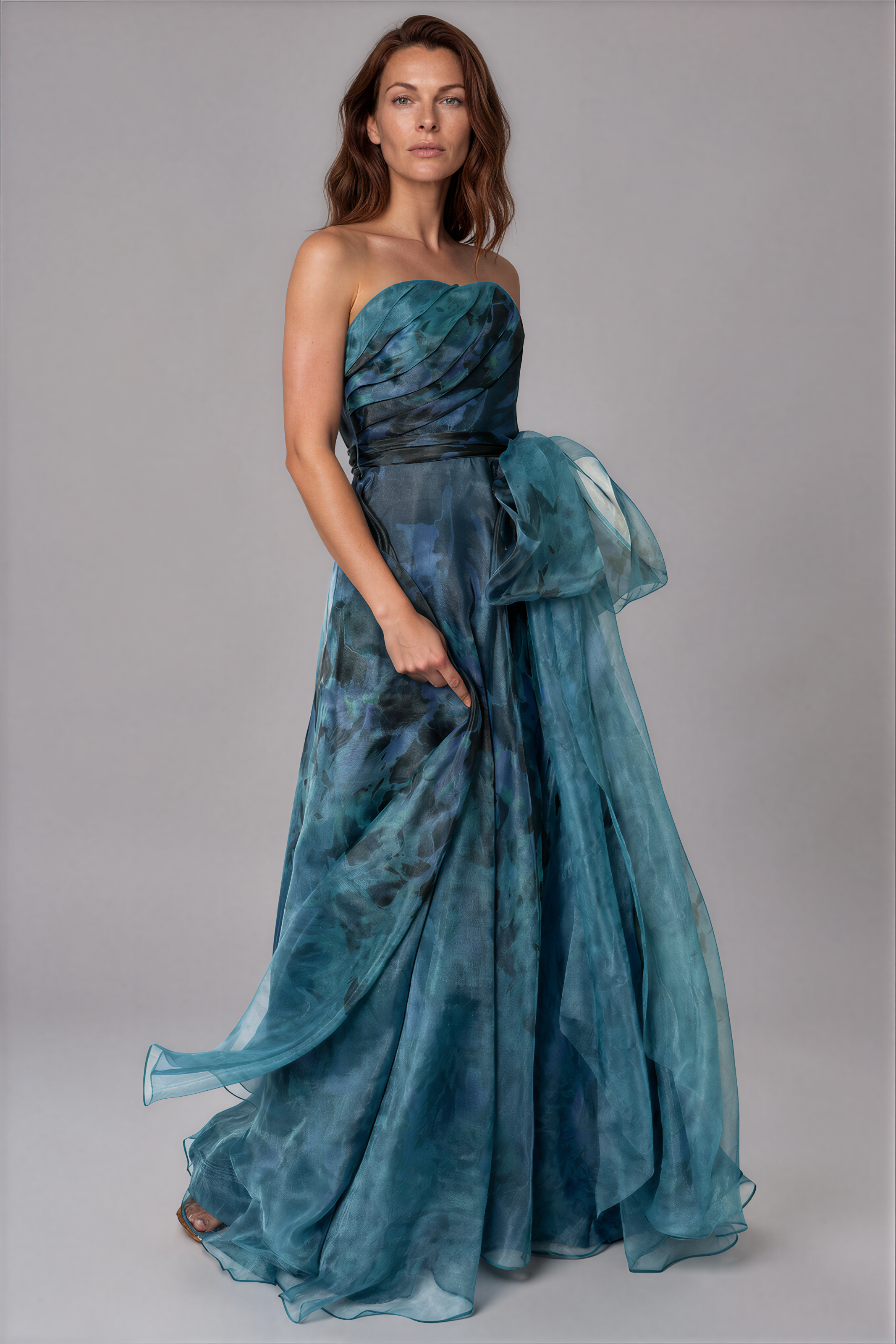 Strapless Organza Gown with Belt Gown Rene Ruiz Collection