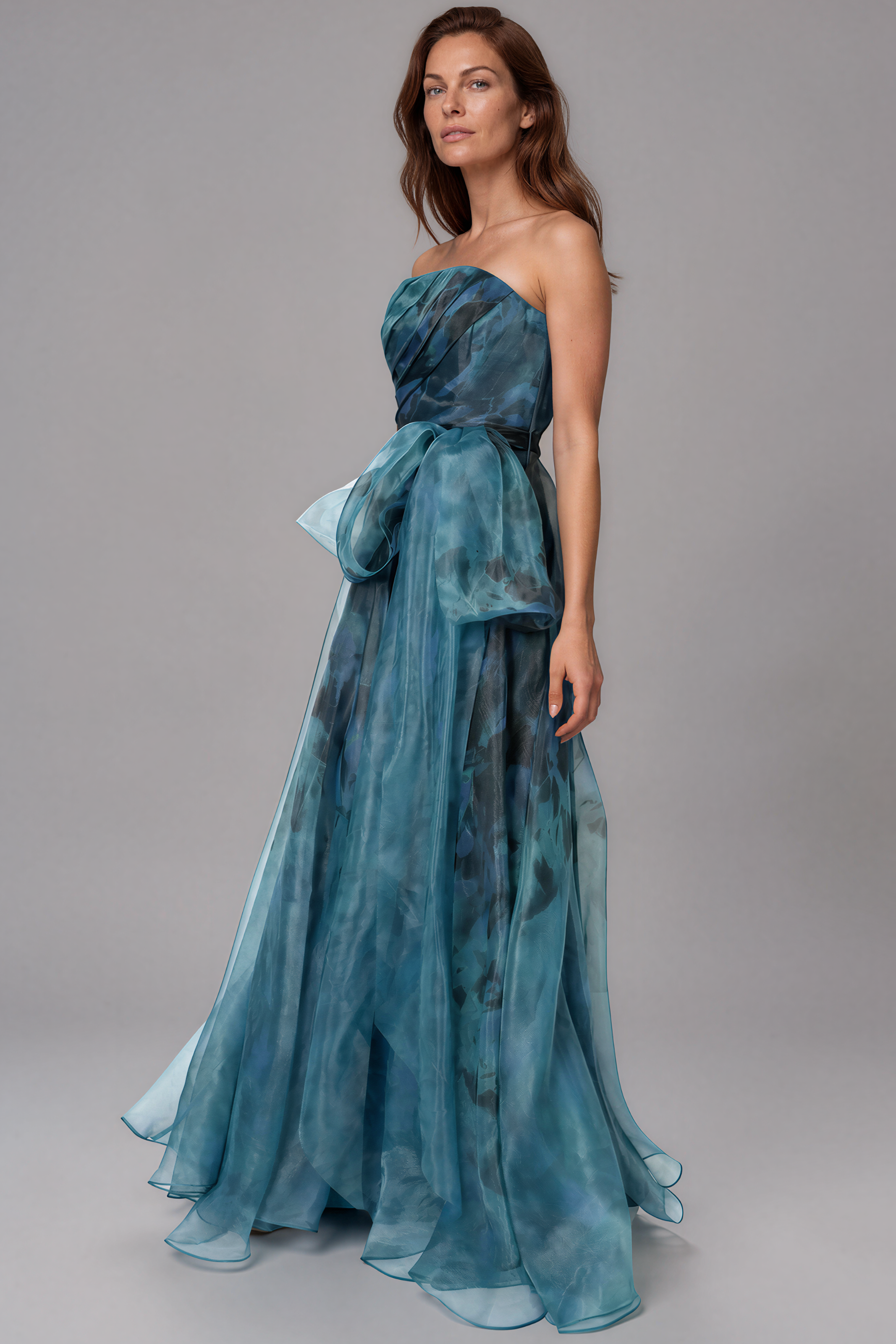 Strapless Organza Gown with Belt Gown Rene Ruiz Collection