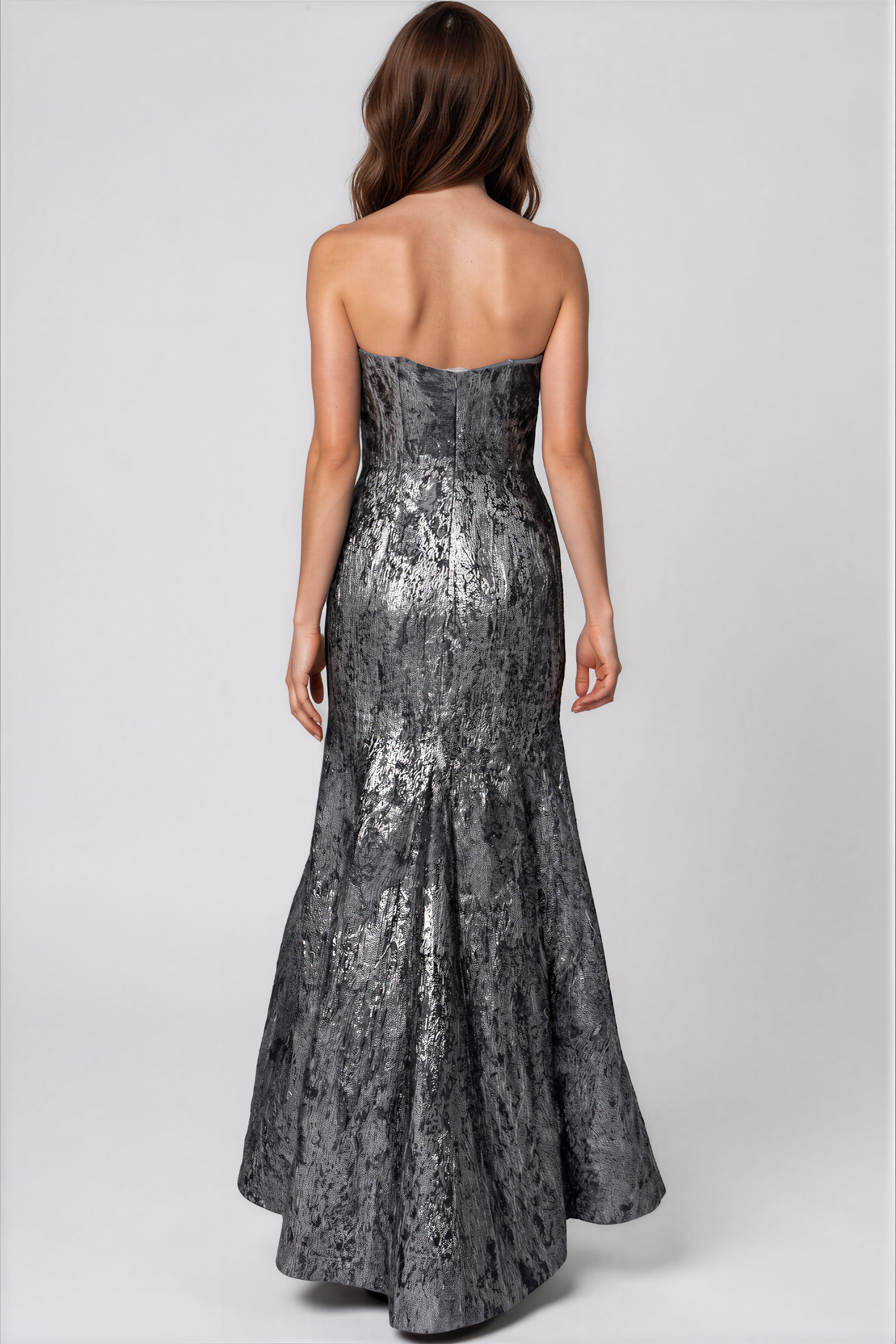 Strapless Fit And Flare Brocade Gown Gown Rene Ruiz Collection