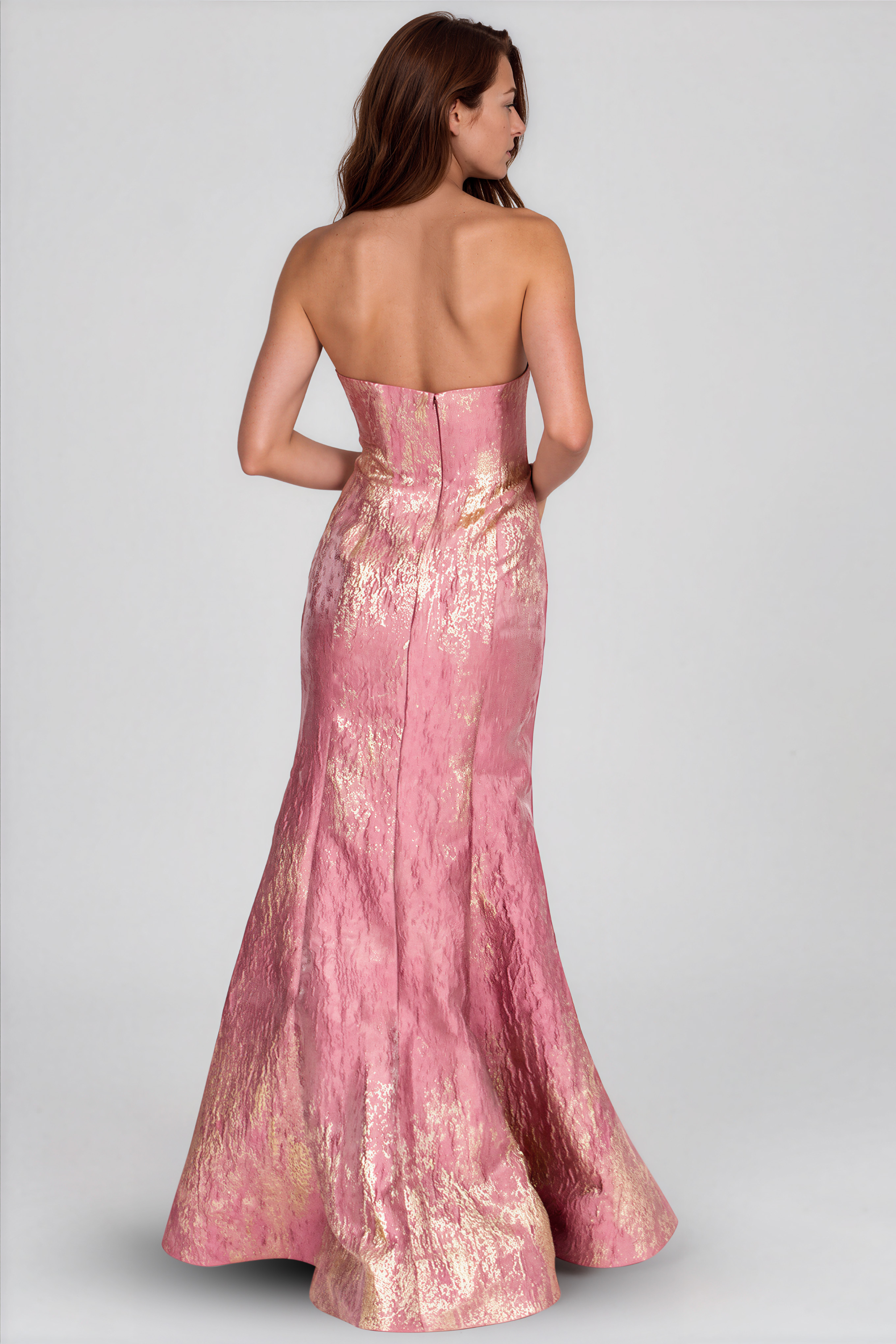 Strapless Fit And Flare Brocade Gown