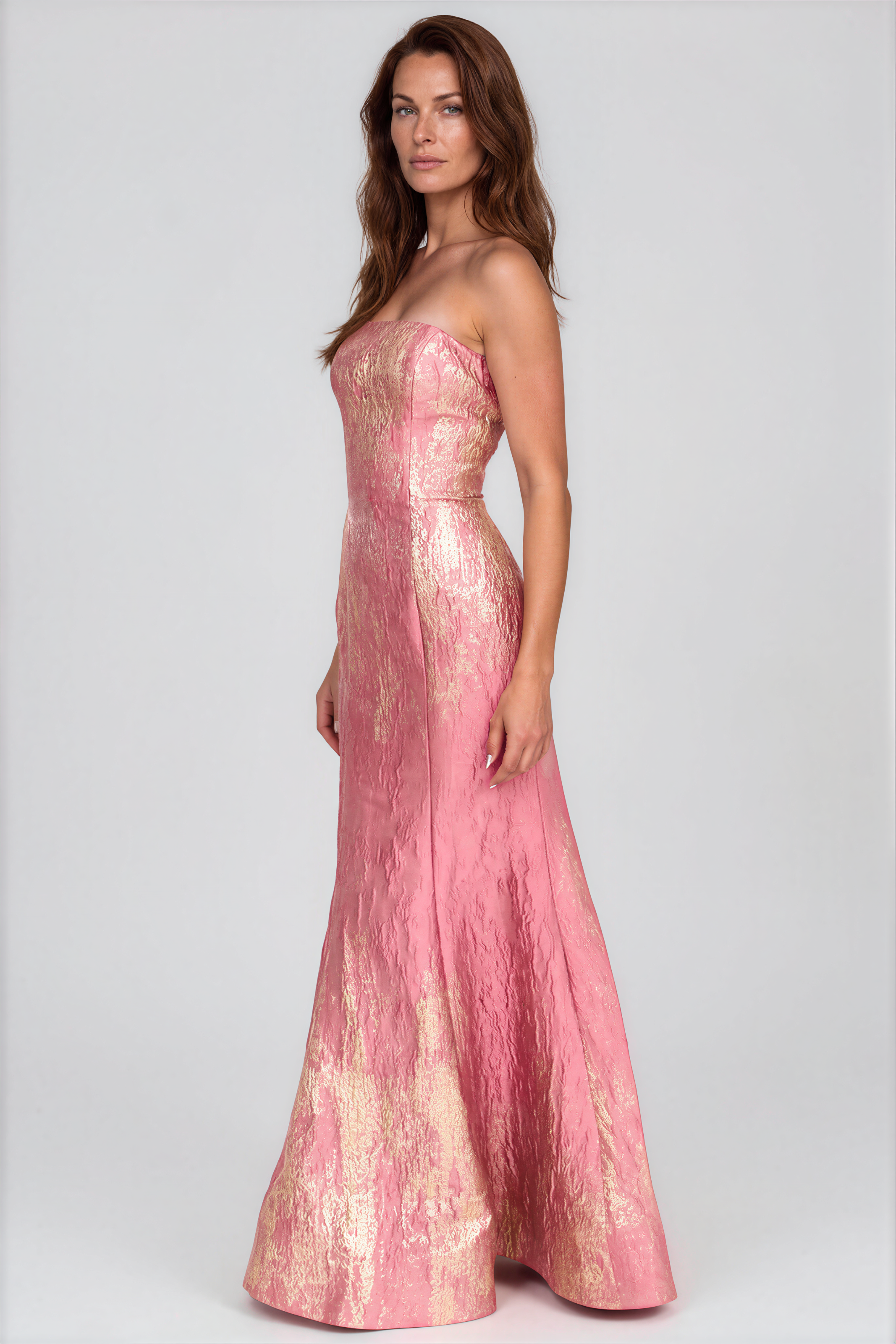 Strapless Fit And Flare Brocade Gown Gown Rene Ruiz Collection