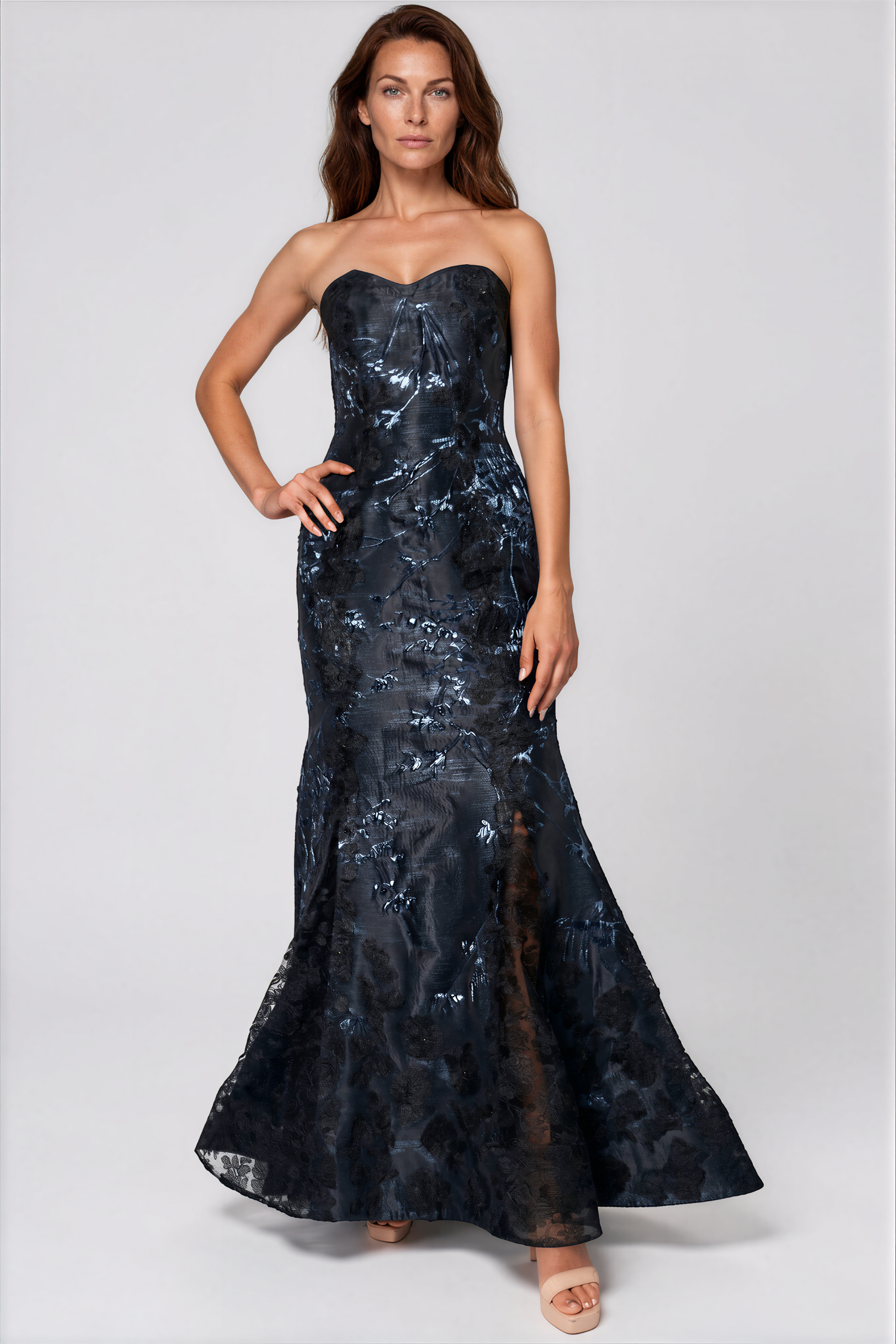 Strapless Jacquard Lace Fit And Flare Gown Strapless Jacquard Lace Fit And Flare Gown