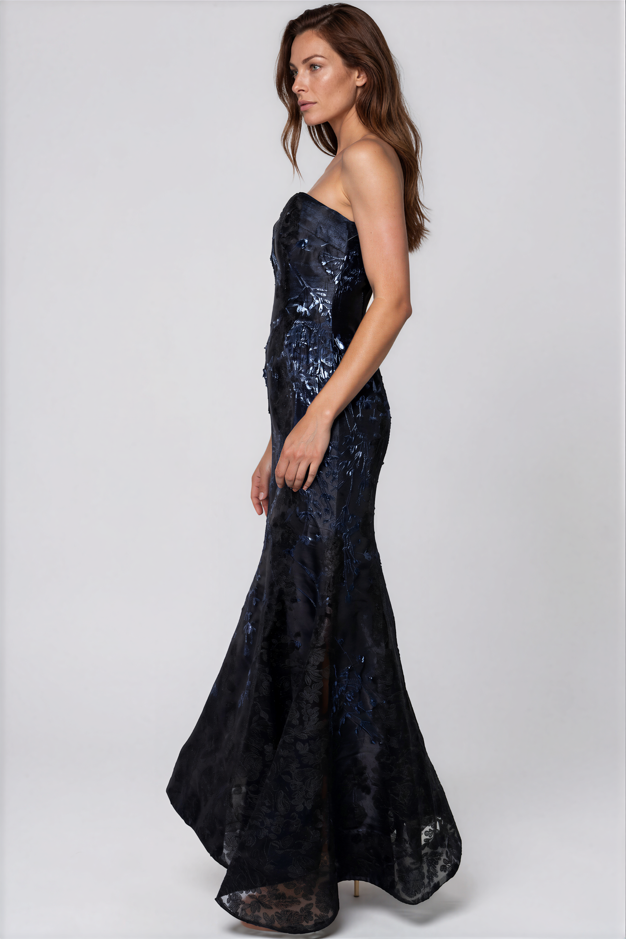 Strapless Jacquard Lace Fit And Flare Gown Gown Rene Ruiz Collection