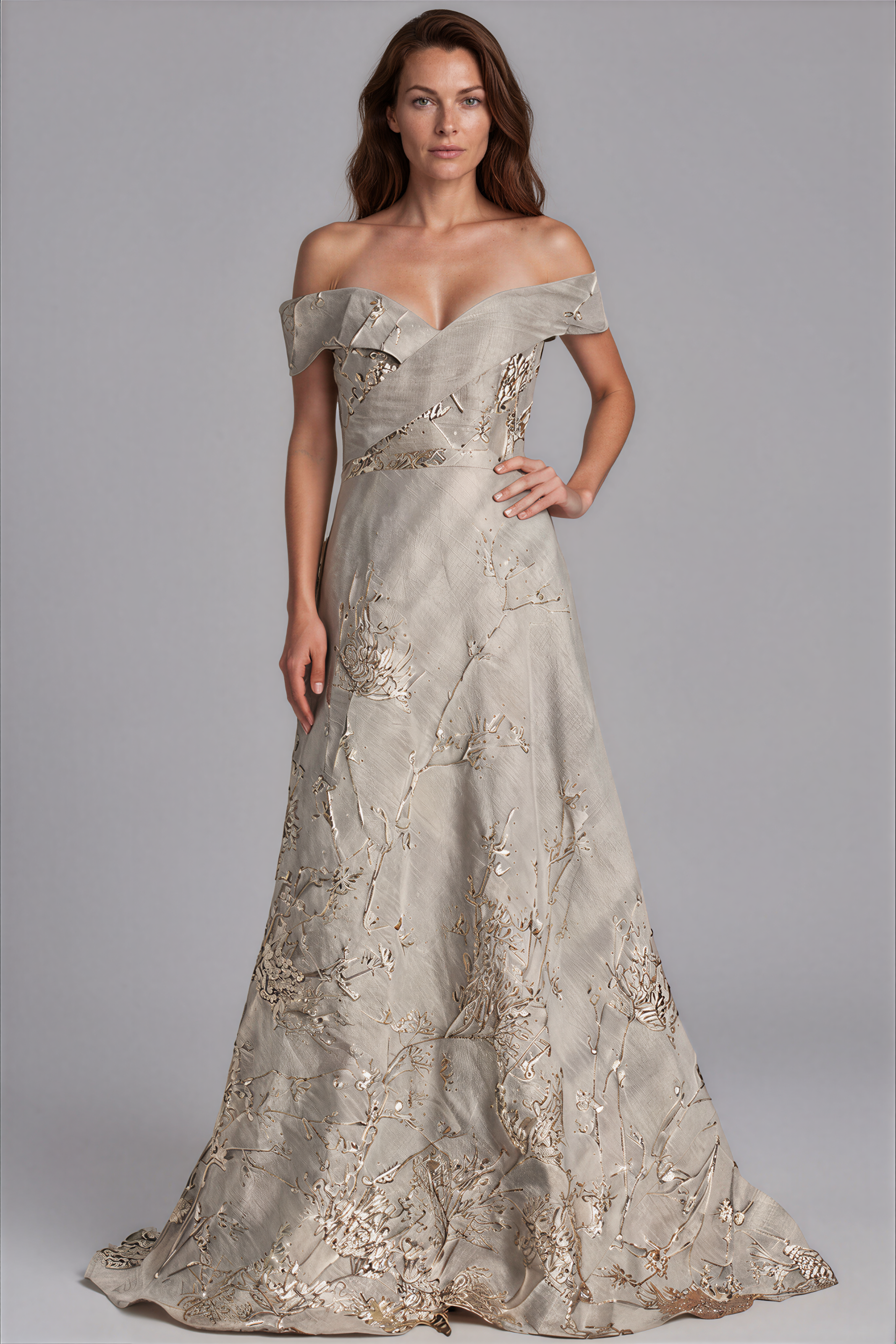 Off the Shoulder Brocade A-Line Gown