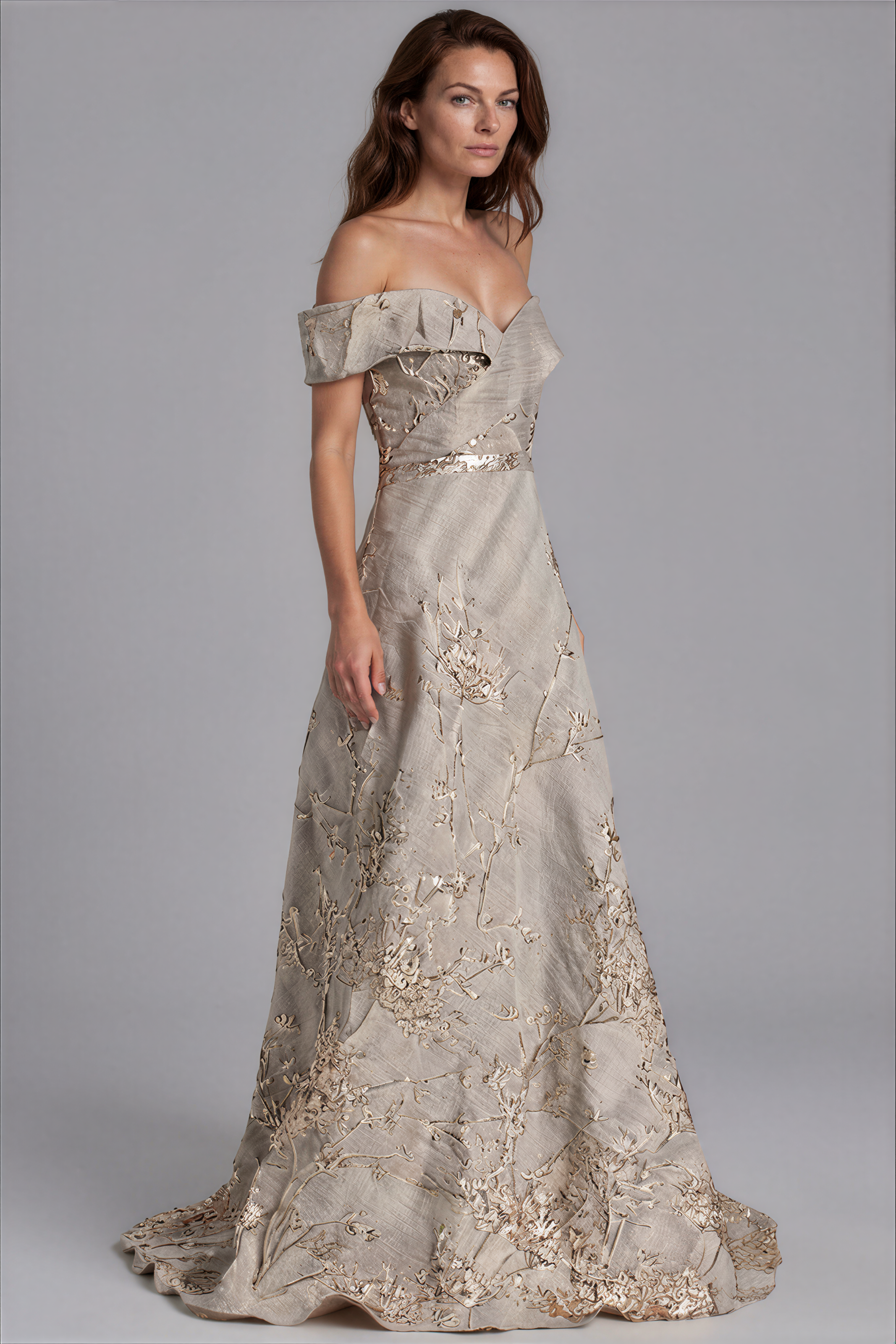 Off the Shoulder Brocade A-Line Gown
