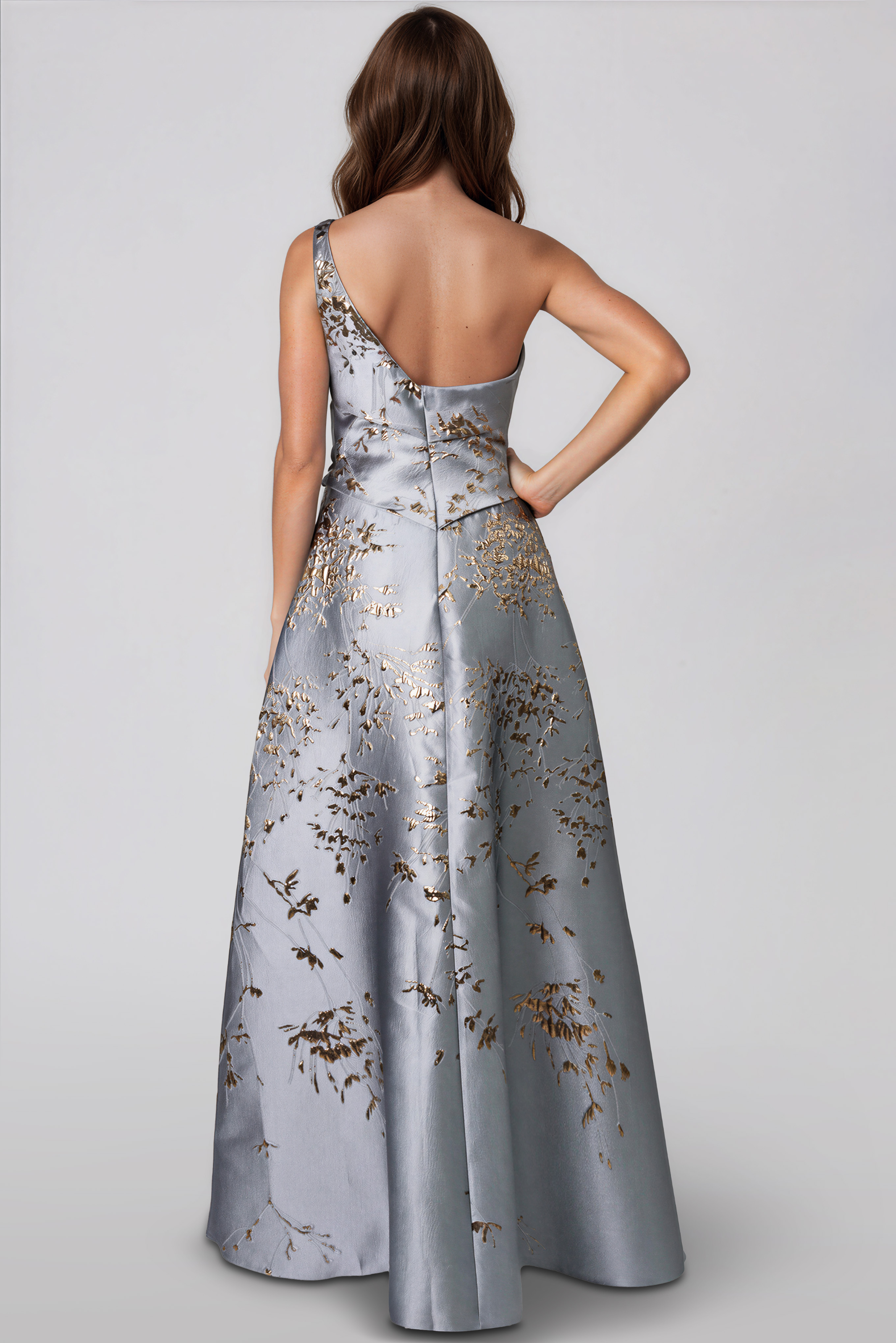 One Shoulder Brocade Metallic Floral A-Line Gown - 0 / Blue One Shoulder Brocade Metallic Floral A-Line Gown - 0 / Blue