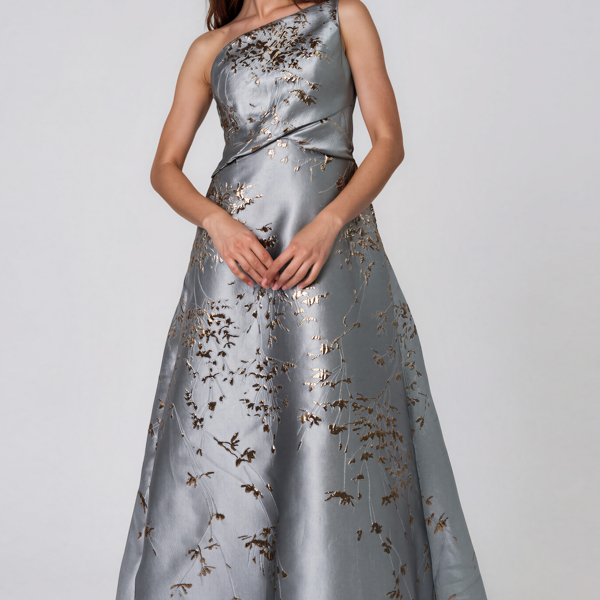 One Shoulder Brocade Metallic Floral A-Line Gown
