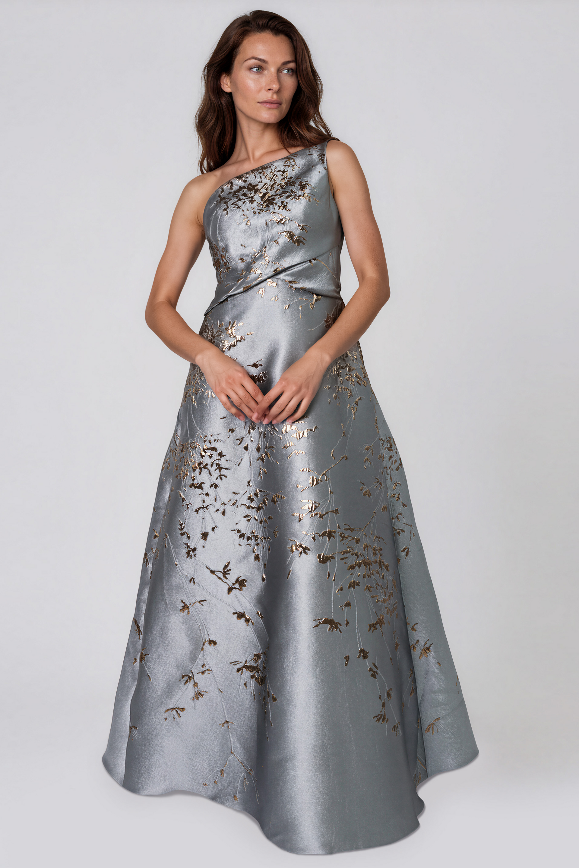 One Shoulder Brocade Metallic Floral A-Line Gown