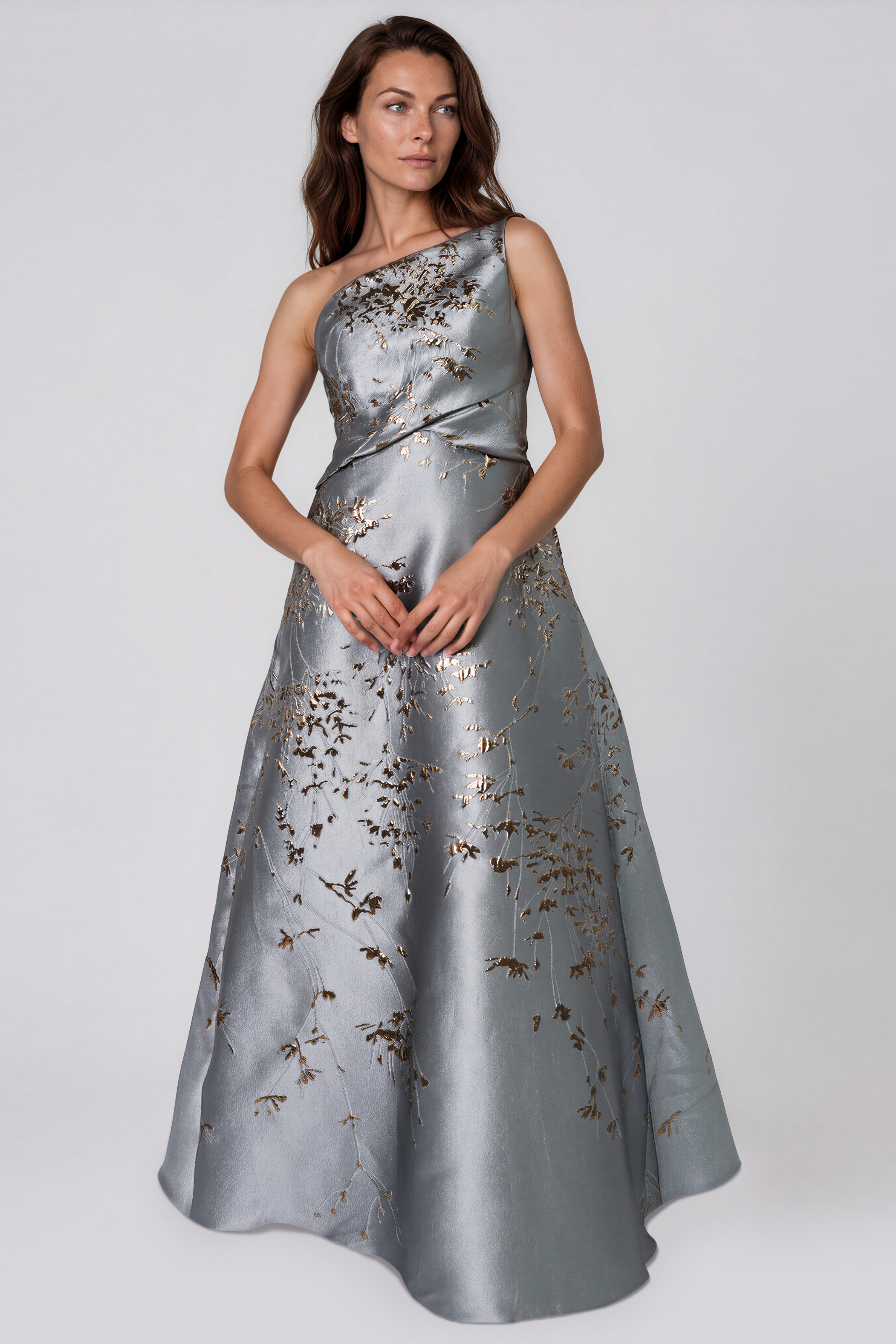 One Shoulder Brocade Metallic Floral A-Line Gown