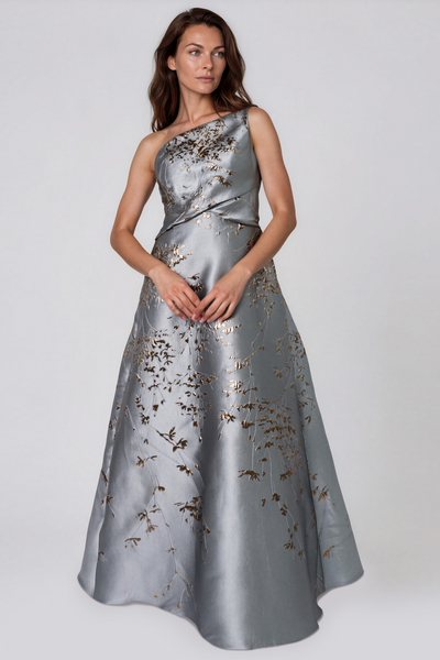 One Shoulder Brocade Metallic Floral A-Line Gown
