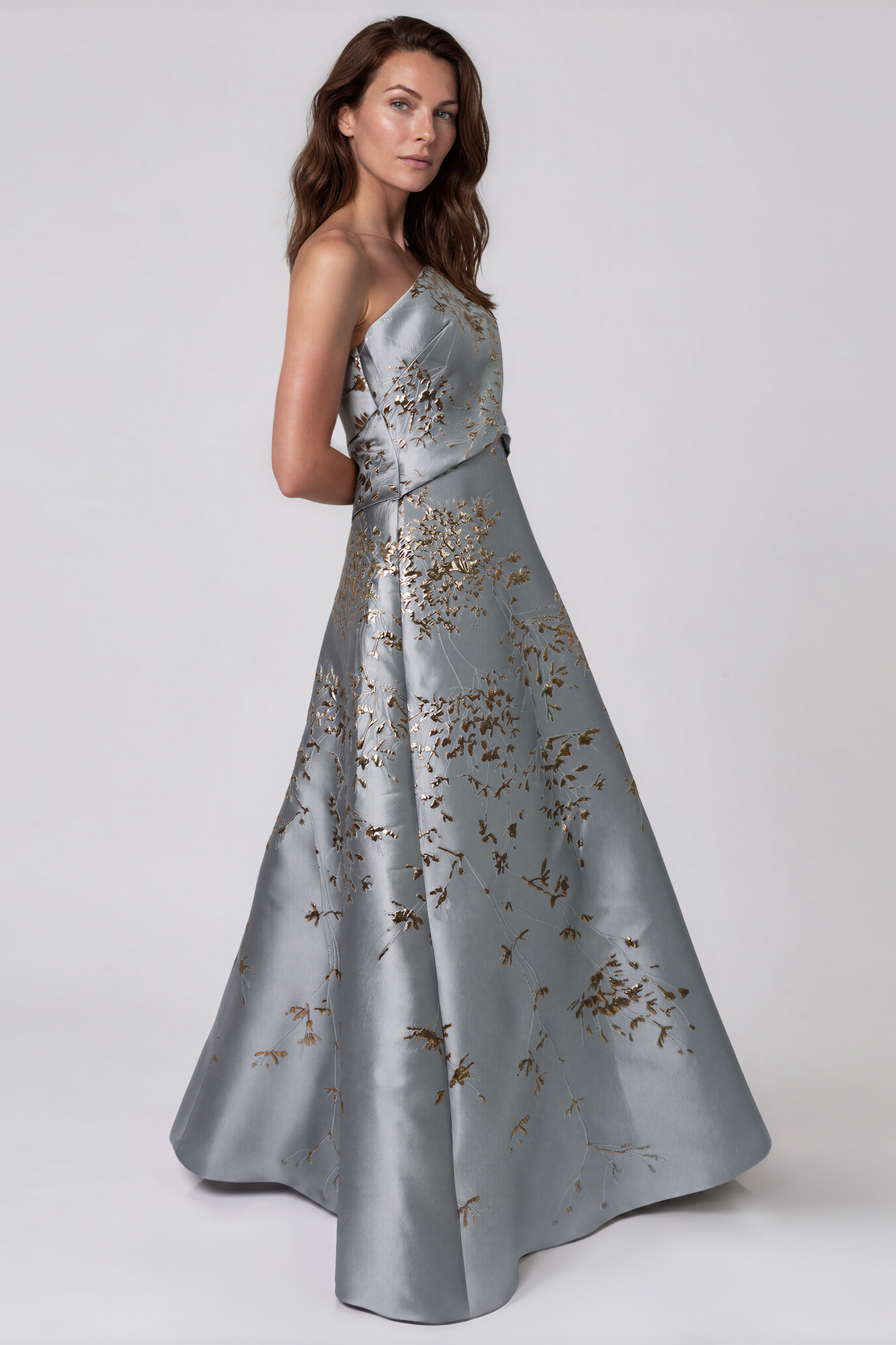 One Shoulder Brocade Metallic Floral A-Line Gown