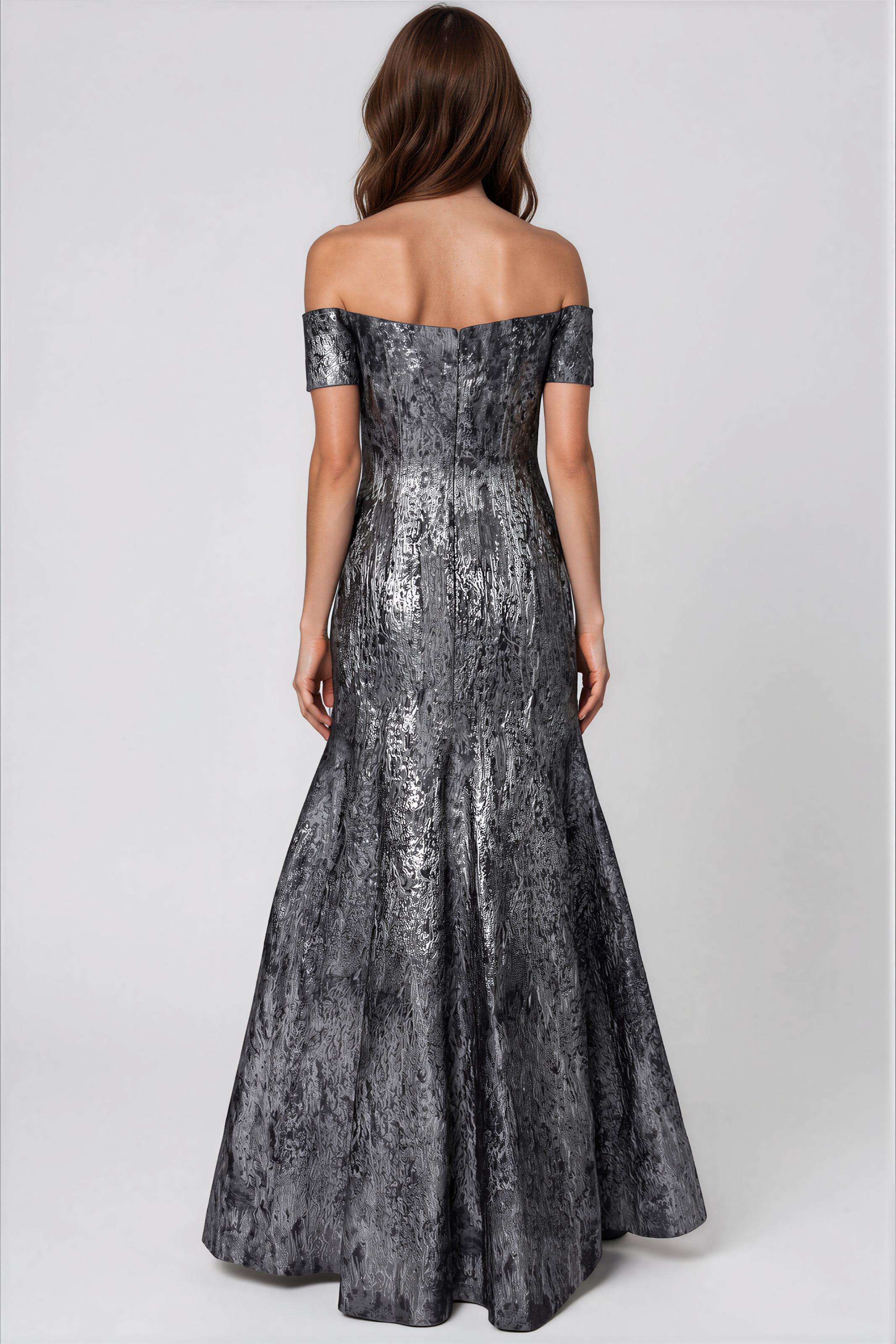 Brocade Off the Shoulder Fit And Flare Gown Gown Rene Ruiz Collection