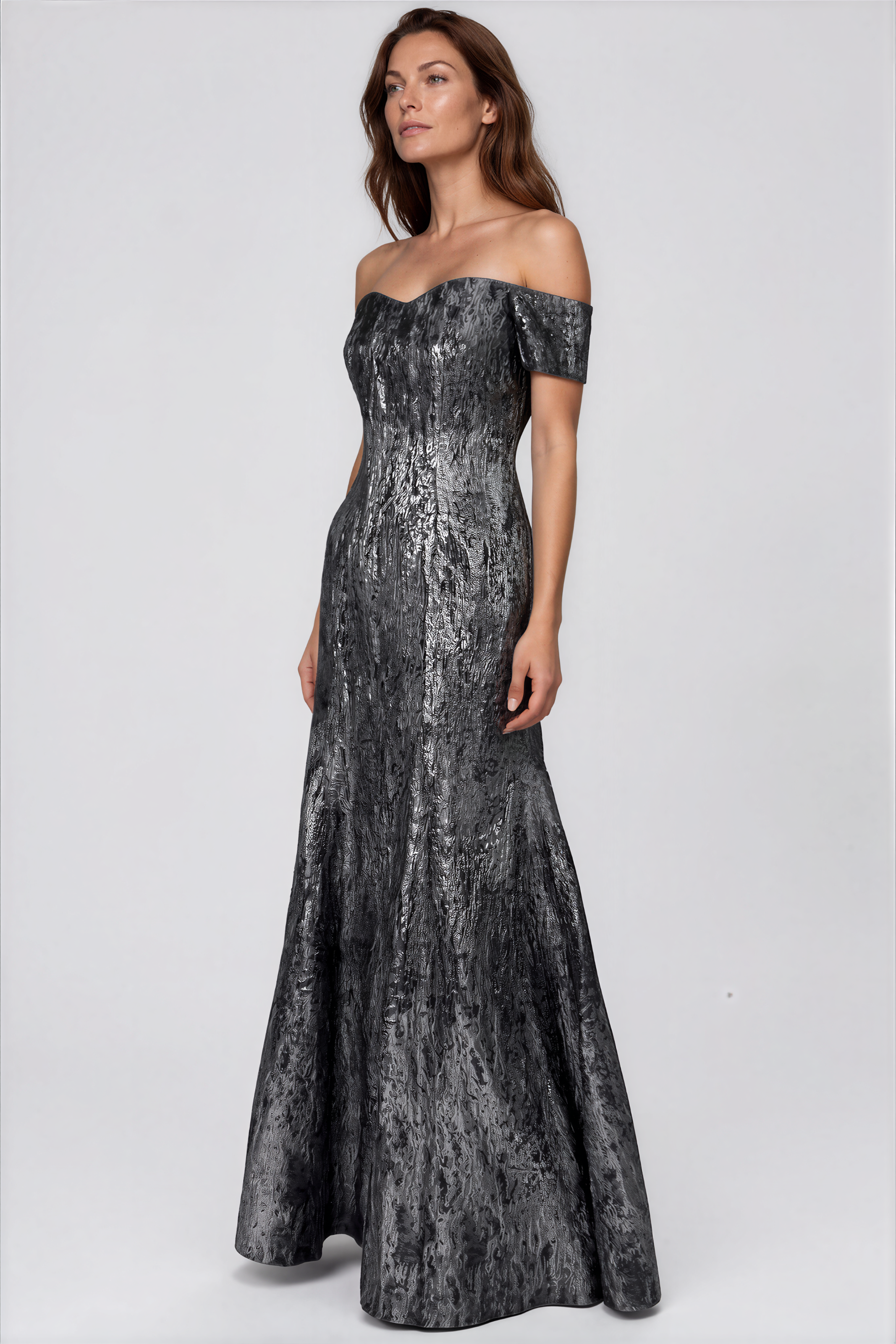 Brocade Off the Shoulder Fit And Flare Gown Gown Rene Ruiz Collection