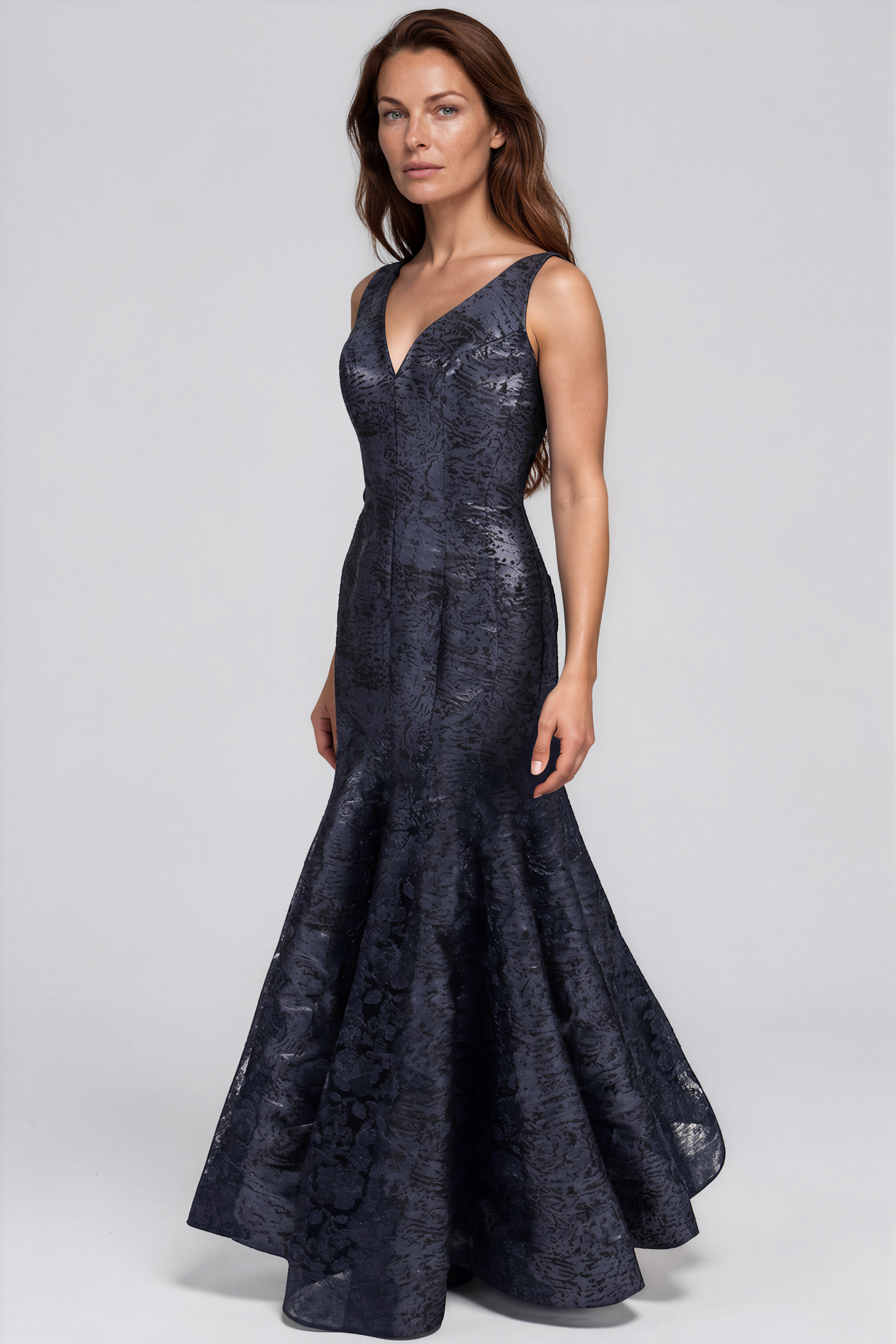 V Neck Brocade Lace Gown Gown Rene Ruiz Collection