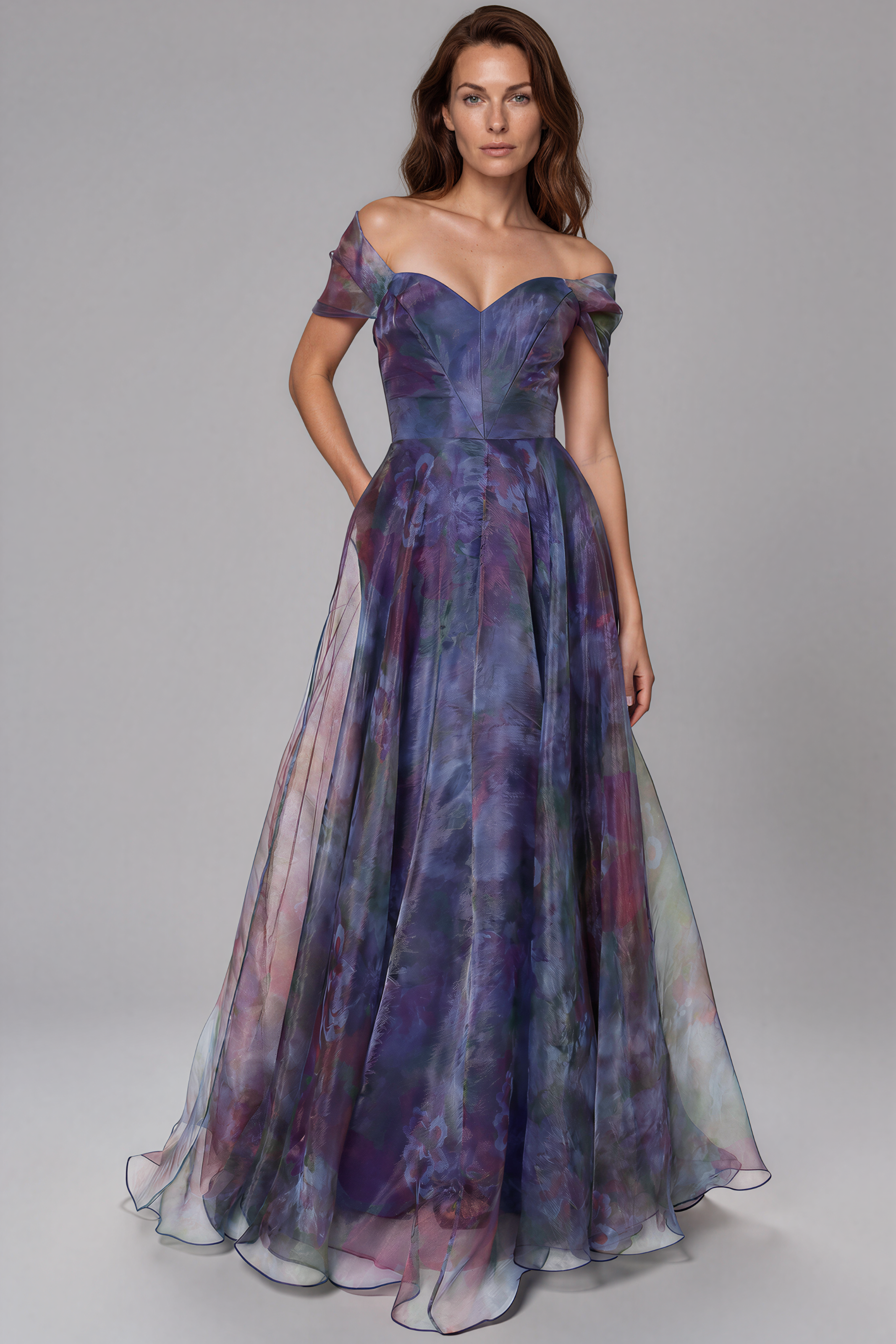 Wrap Sleeve Off The Shoulder Organza Gown