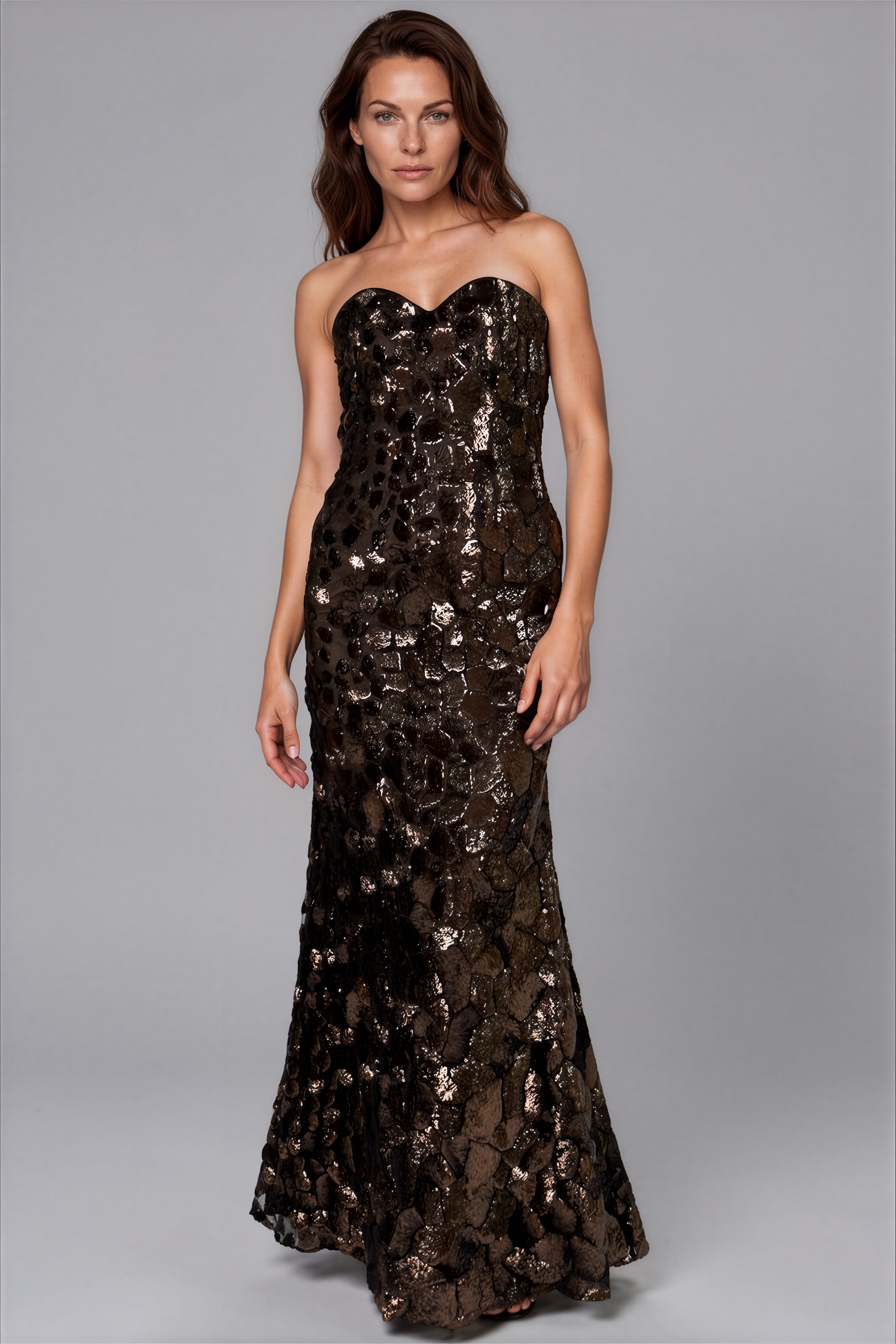 Strapless Sequin Fit And Flare Gown Gown Rene Ruiz Collection