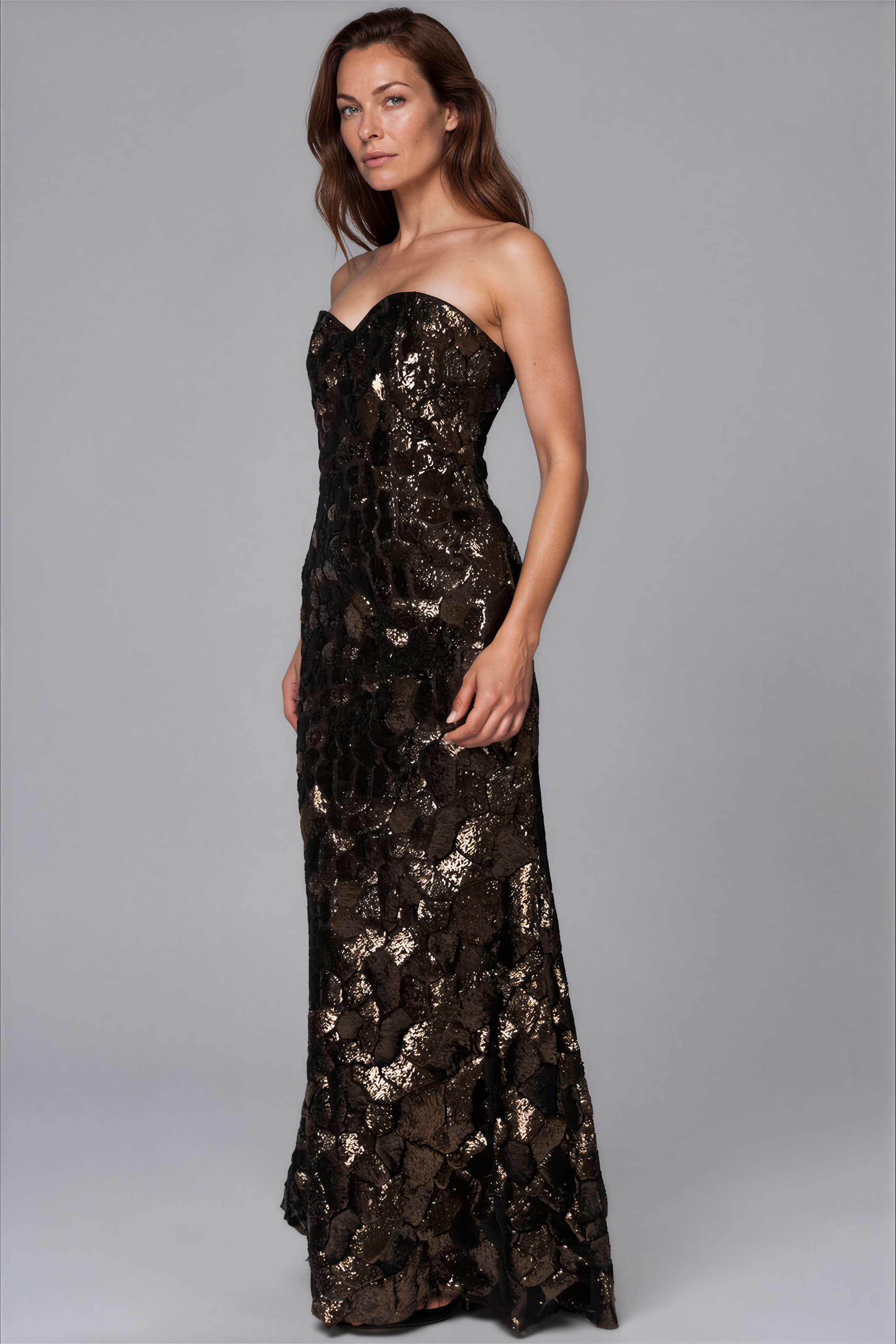 Strapless Sequin Fit And Flare Gown Gown Rene Ruiz Collection