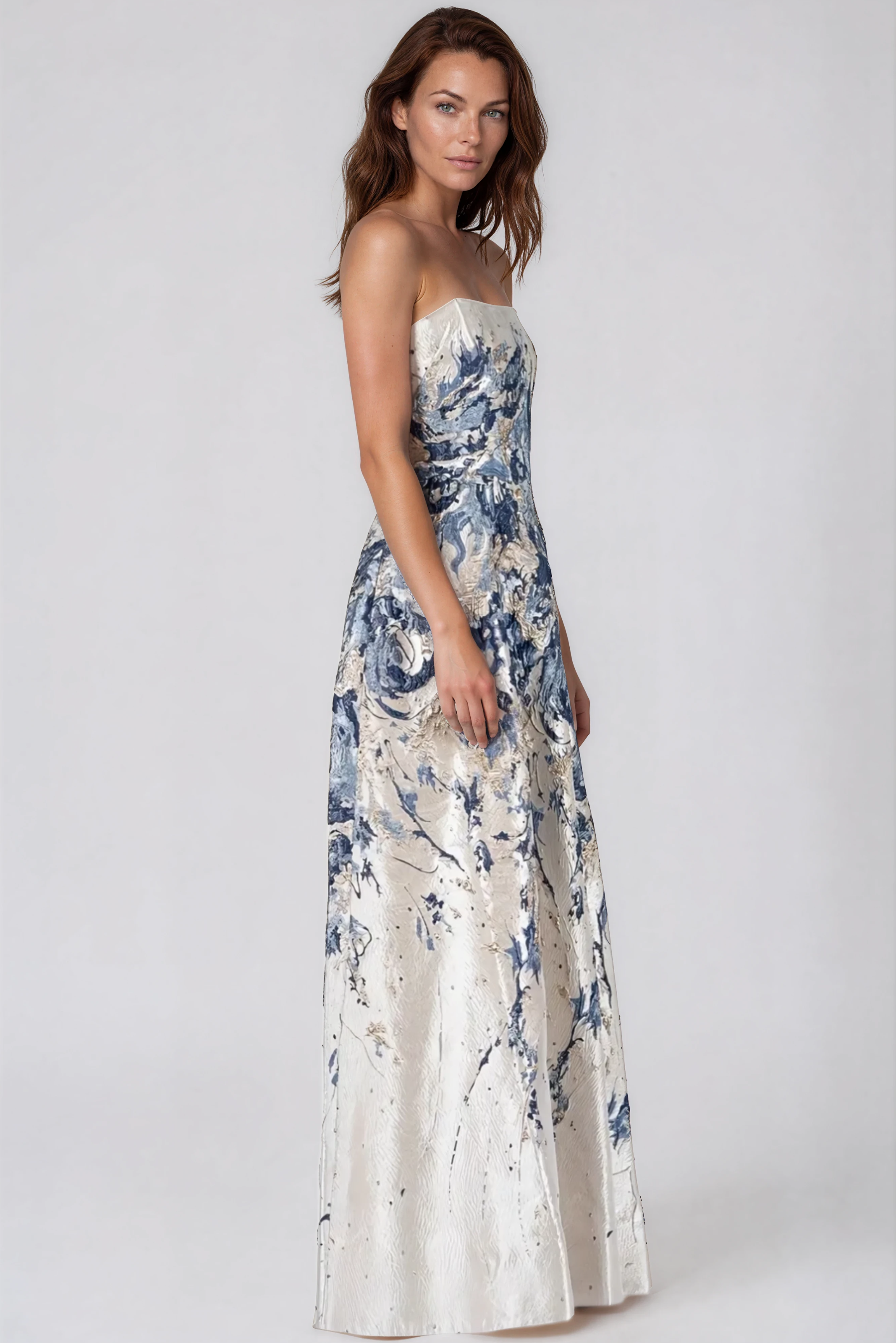 Strapless Boarder Print Brocade A-Line Gown (boca stock) Gown Rene Ruiz Collection