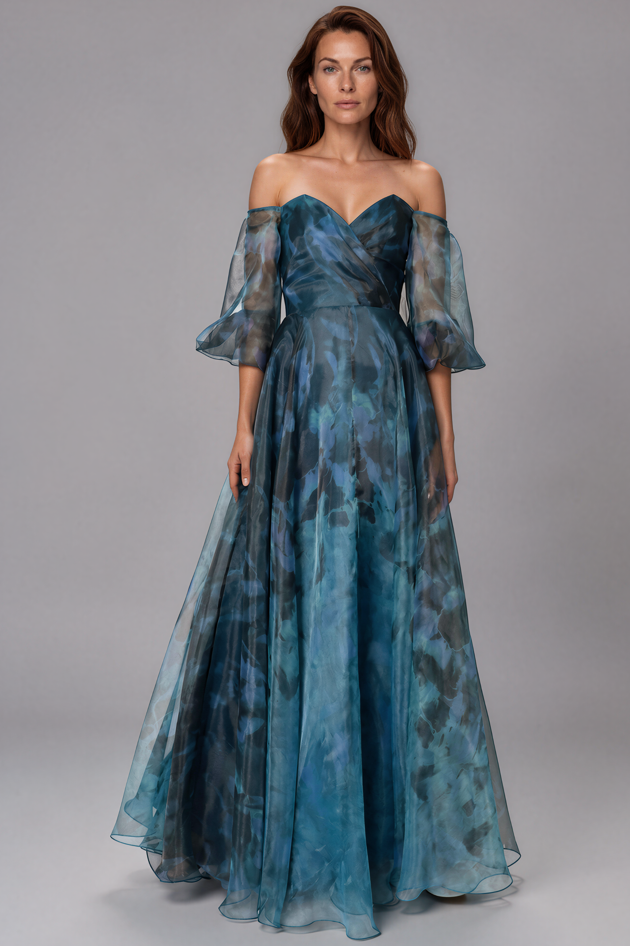 3/4 Puff Sleeve Organza Gown Gown Rene Ruiz Collection