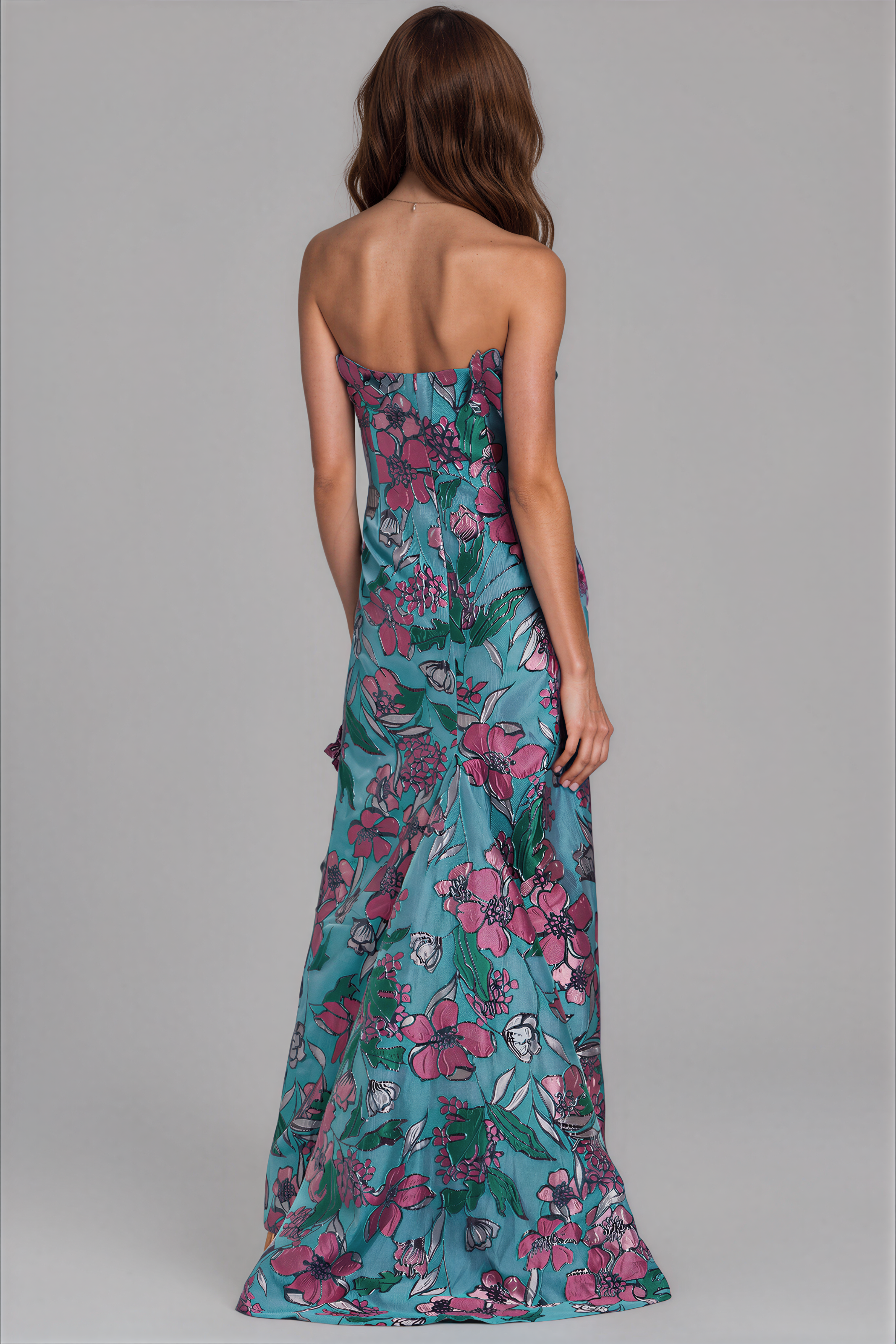 Strapless Floral Brocade Fit and Flare Gown With Floral Appliques Gown Rene Ruiz Collection
