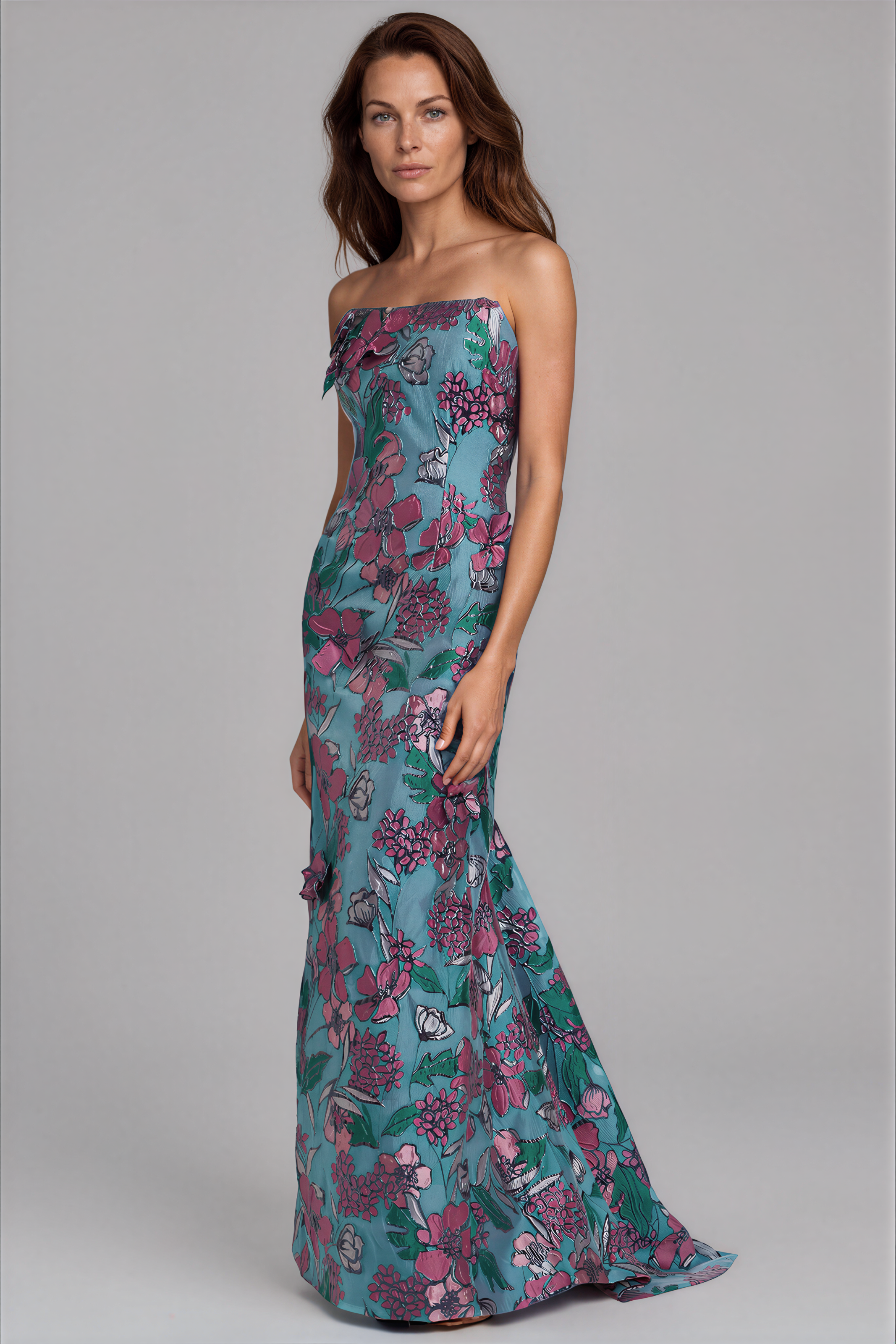 Strapless Floral Brocade Fit and Flare Gown With Floral Appliques Gown Rene Ruiz Collection