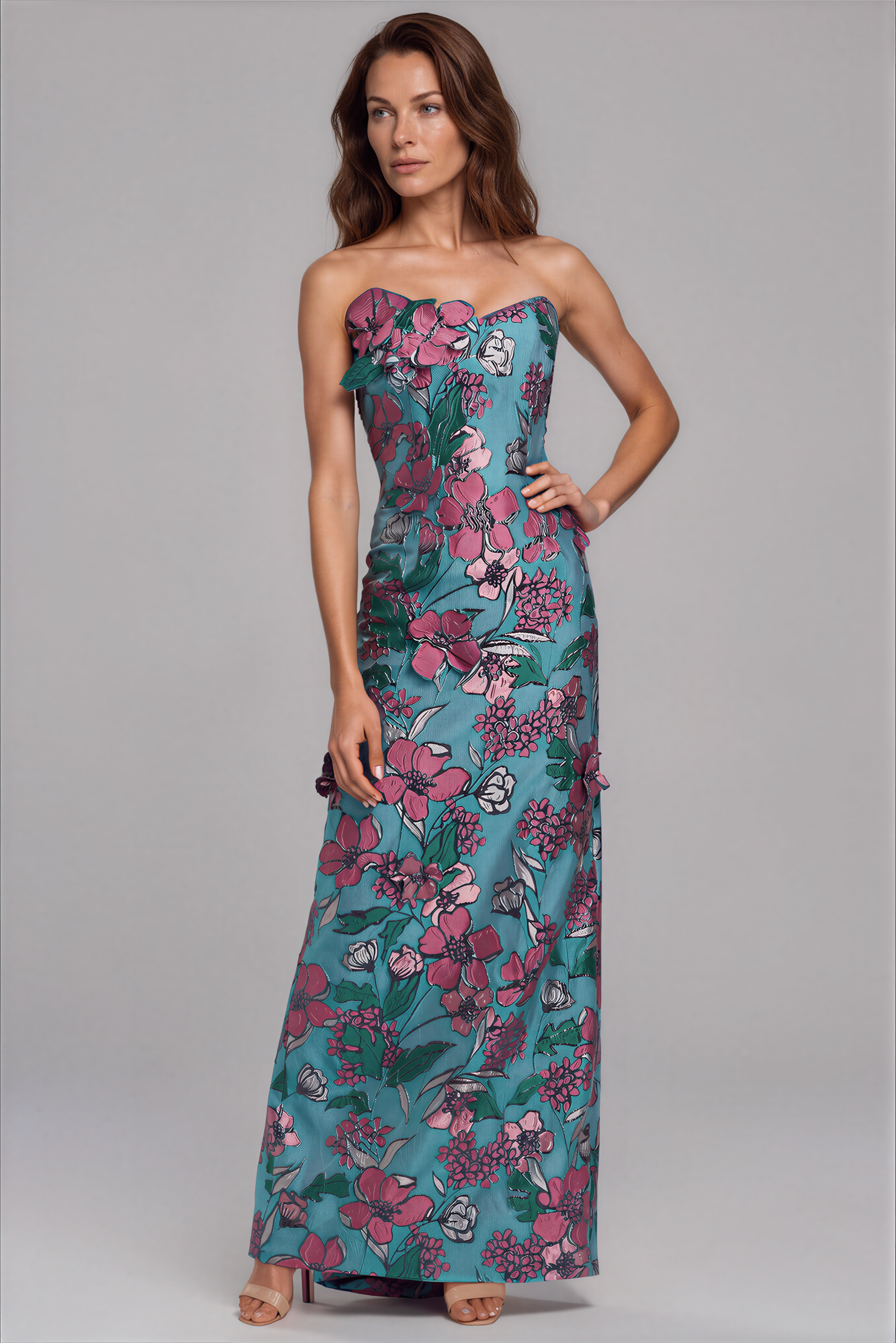 Strapless Floral Brocade Fit and Flare Gown With Floral Appliques Gown Rene Ruiz Collection