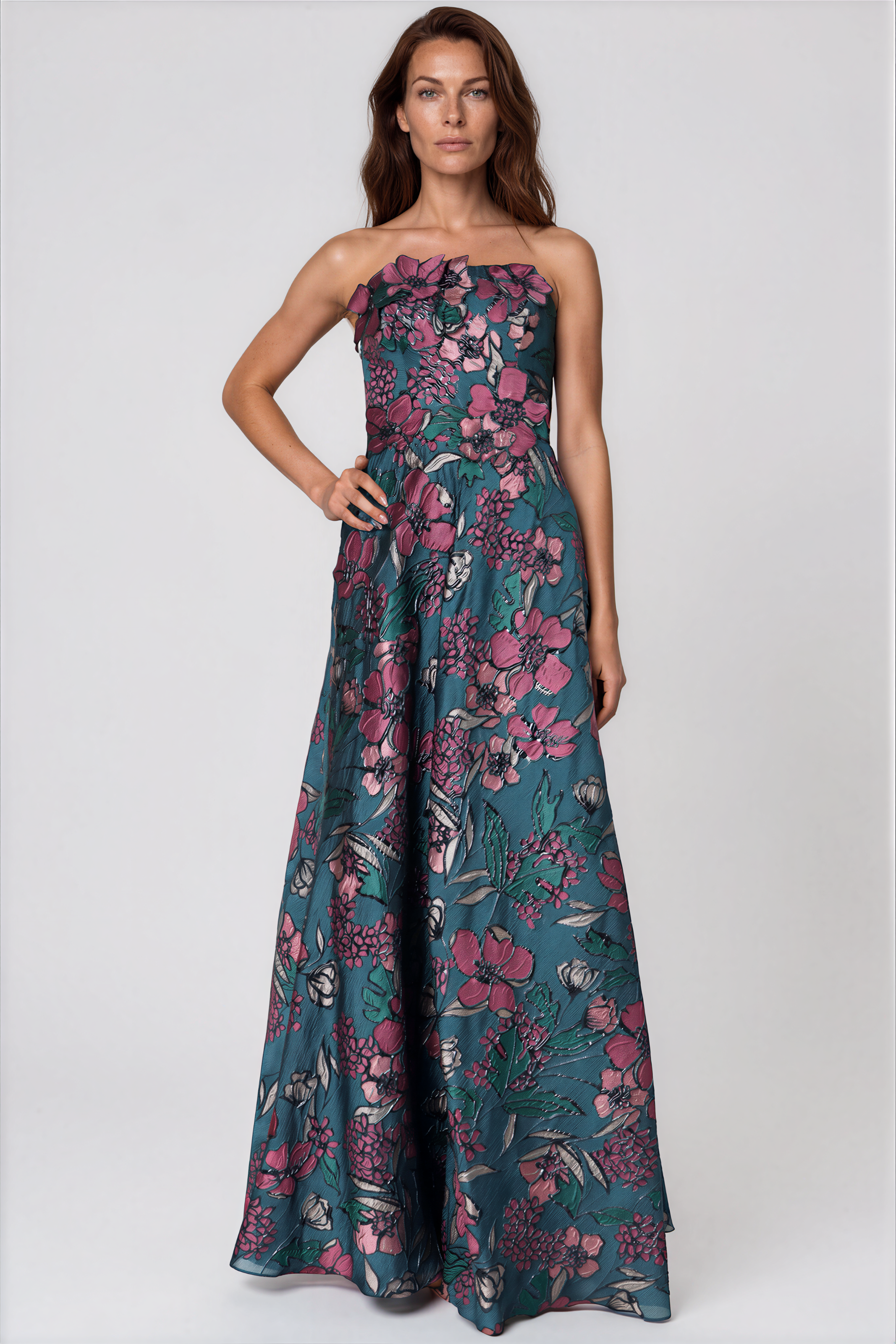 Strapless Floral Brocade A-Line Gown With Floral Appliques