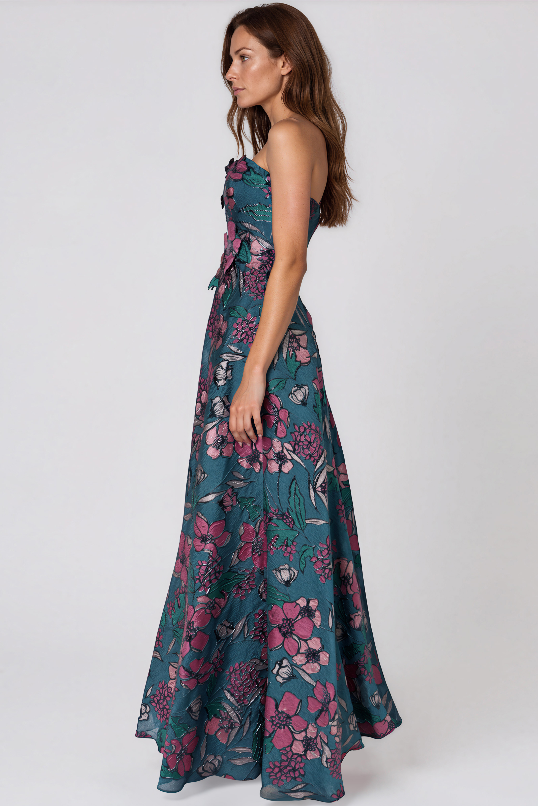 floral print a line midi dress Wedtrend Women Long Bridesmaid Dress Blue Floral Print A Line Off the  Shoulder Party Dress – WEDTREND main image 0