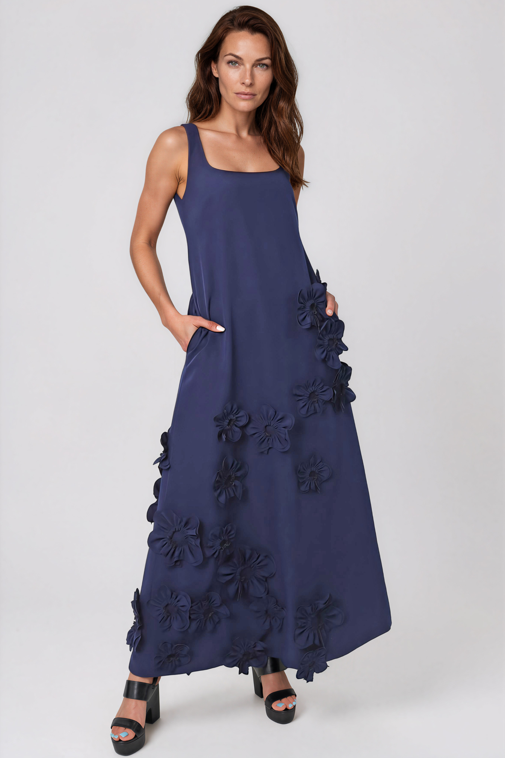 3D Floral Appliqué Crepe Gown Gown Rene Ruiz Collection