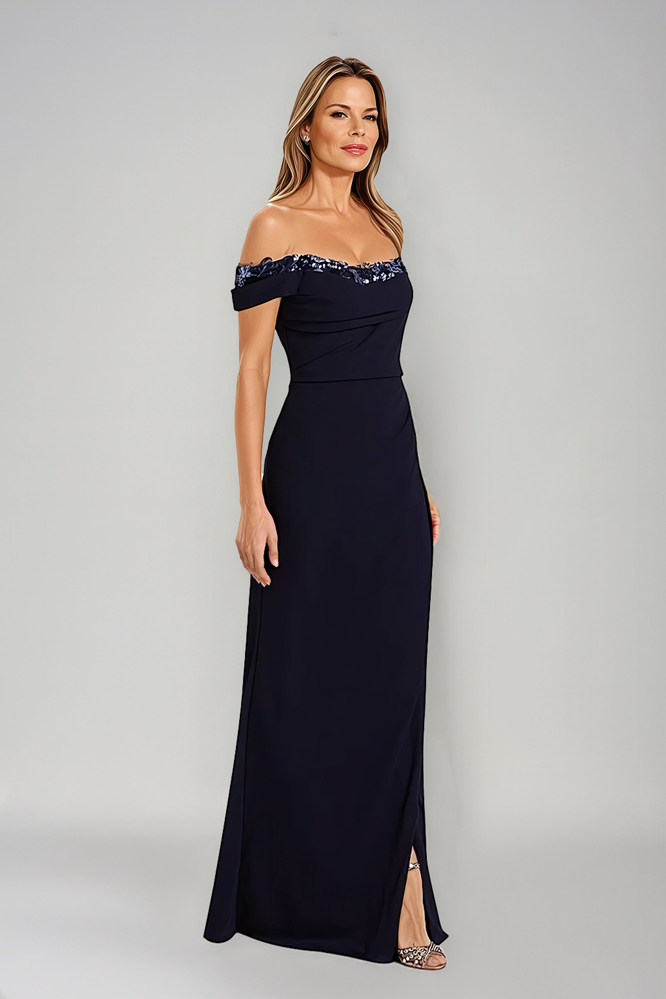 Off The Shoulder Crepe Fit And Flare Gown Gown Rene Ruiz Collection